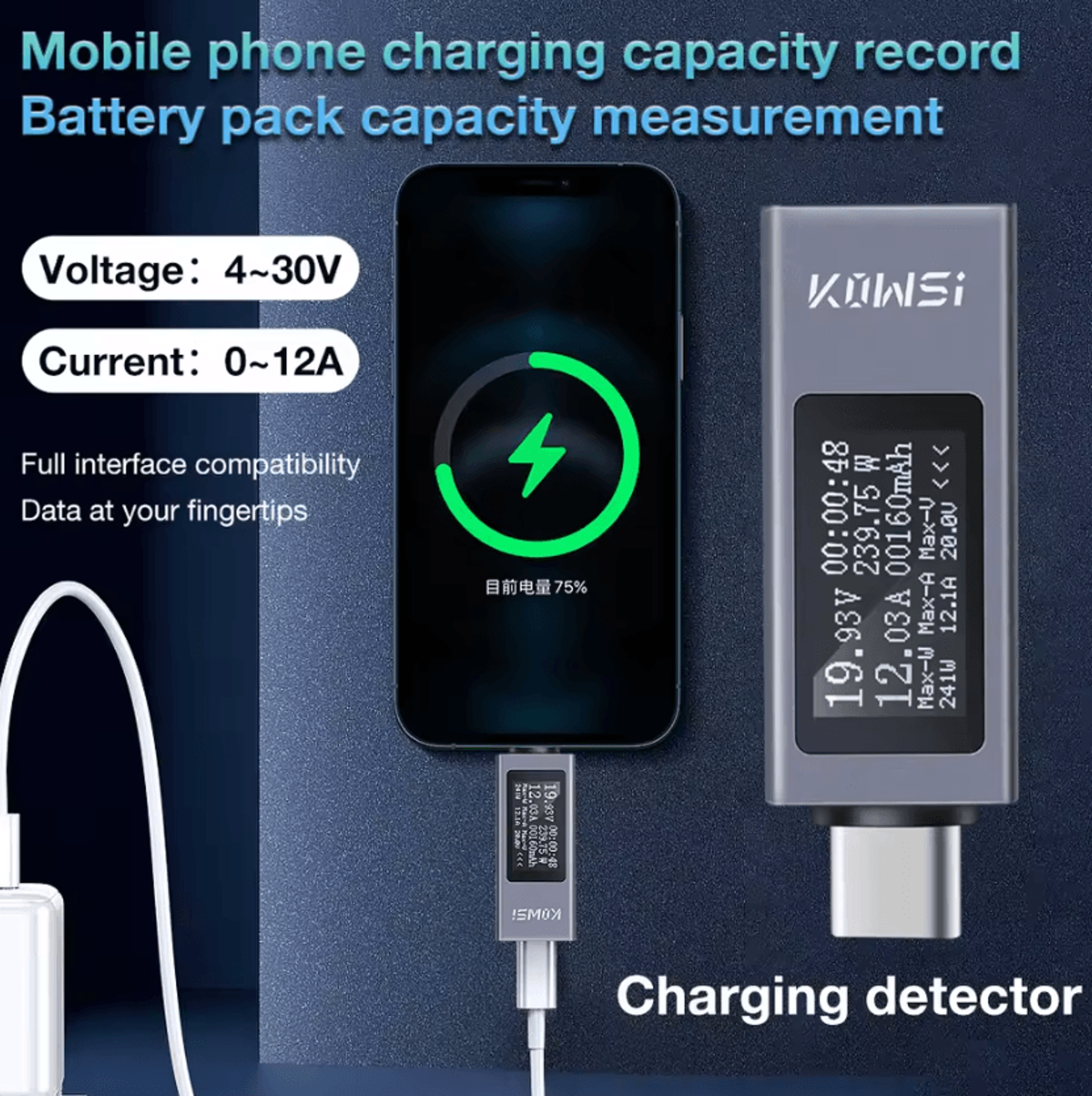 type-c digital usb power meter 4-30v 12a charging tester