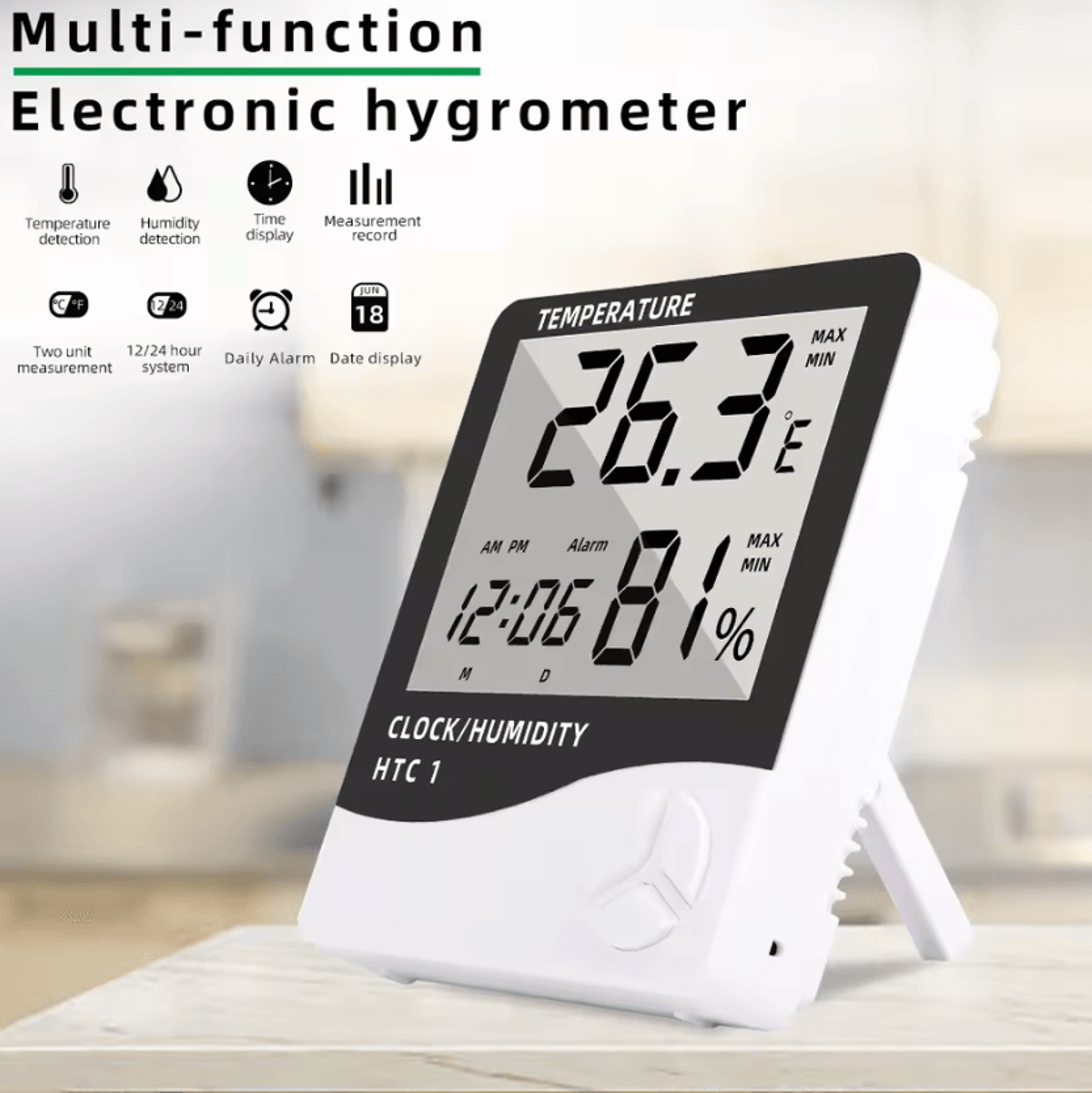 htc-1 htc-2 digital thermometer hygrometer with clock