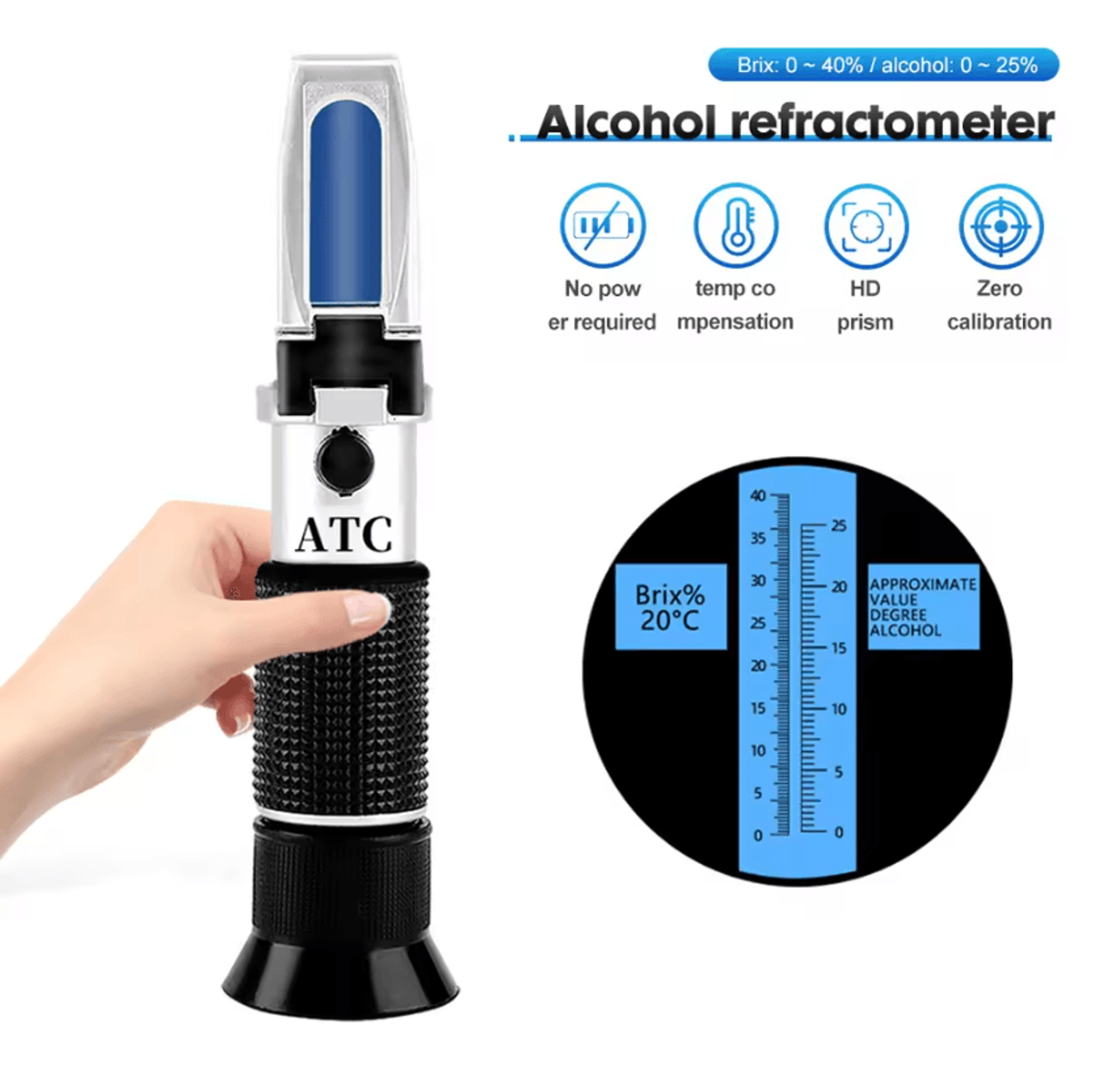 handheld alcohol and brix refractometer for wine beer and fruit testing
