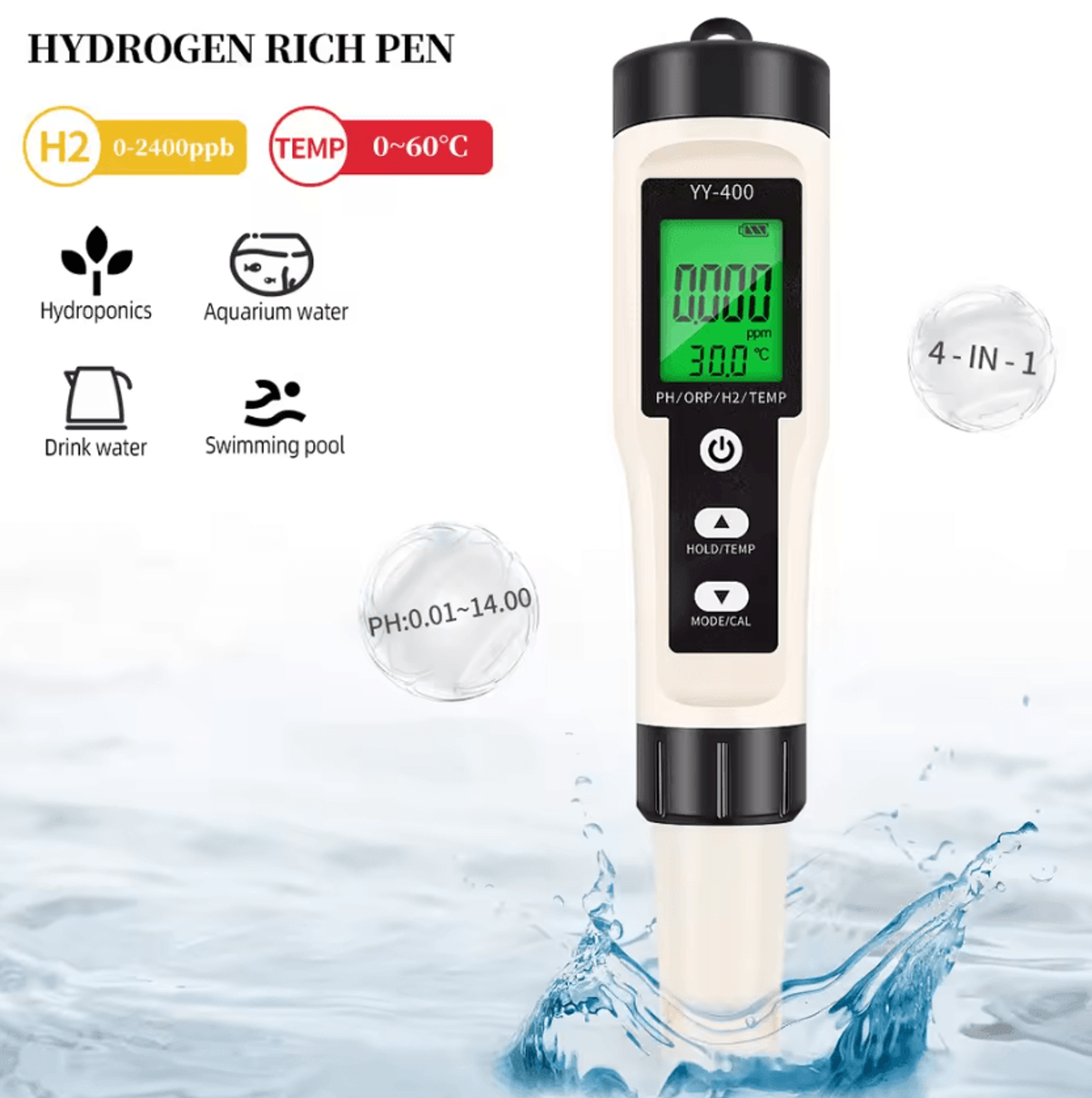 4 in 1 digital ph orp hydrogen and temperature water tester