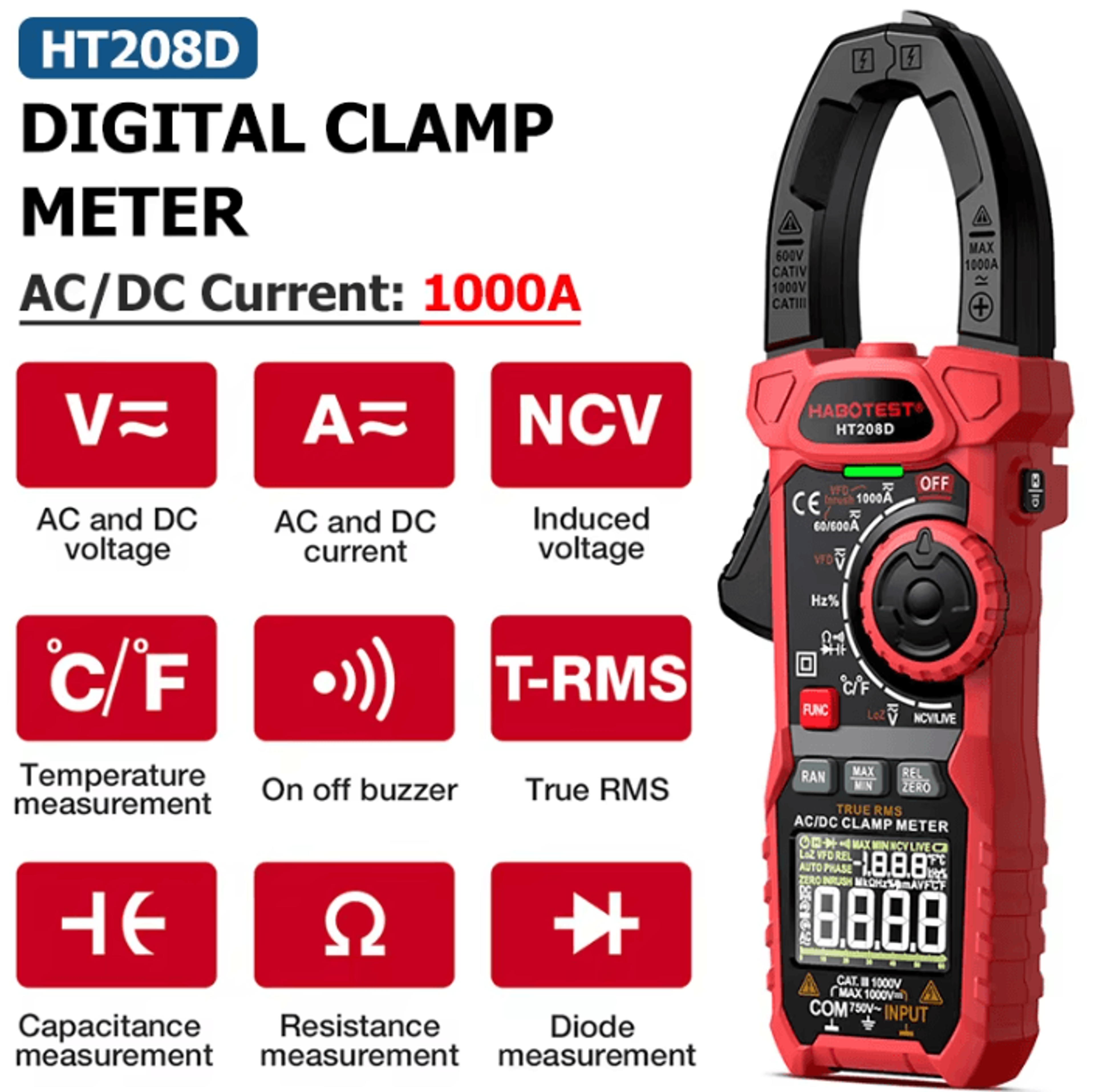 ht208d 1000a true rms ac dc digital clamp meter