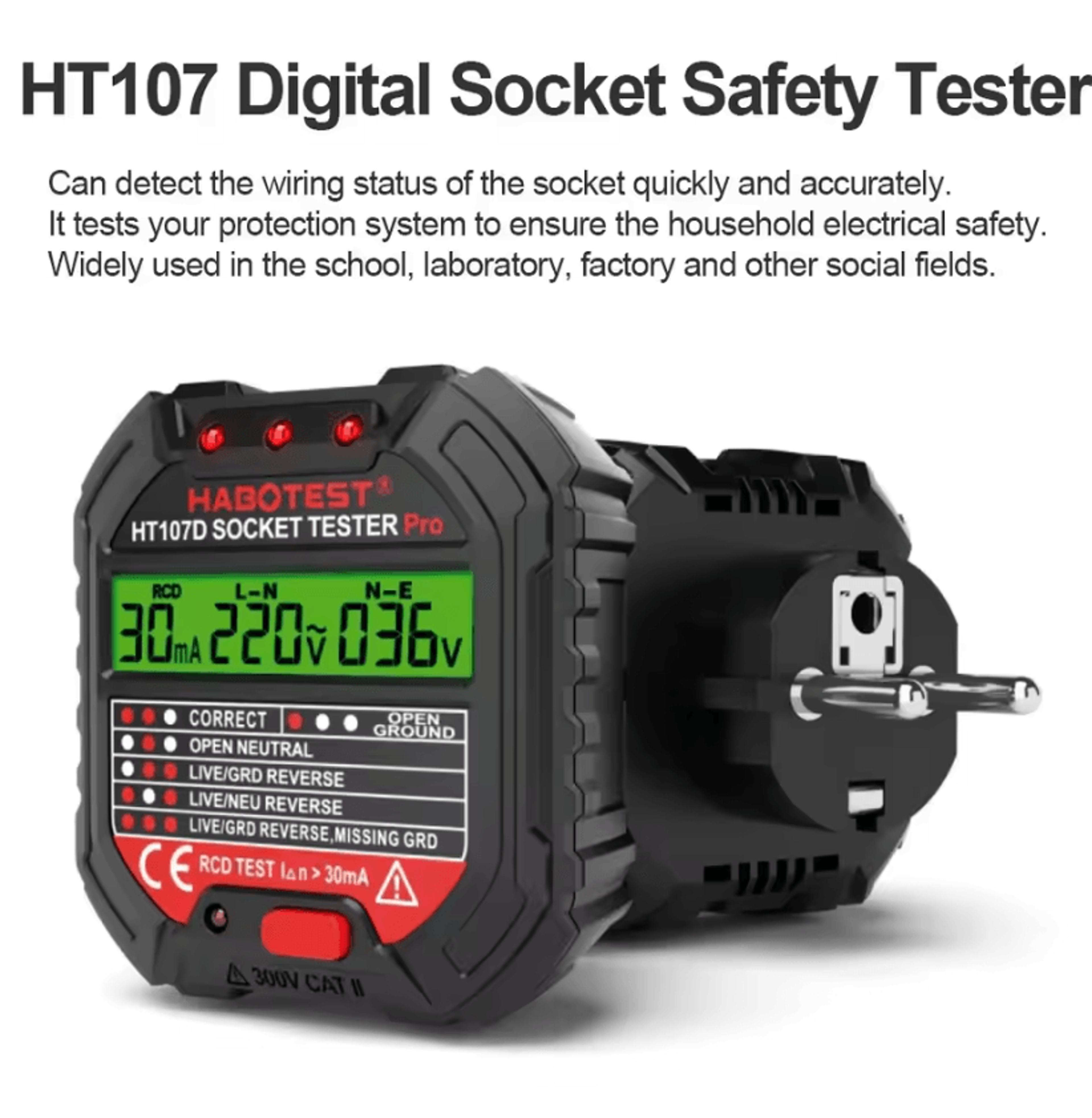 ht106 ht107 digital socket tester with voltage display and rcd gfci test