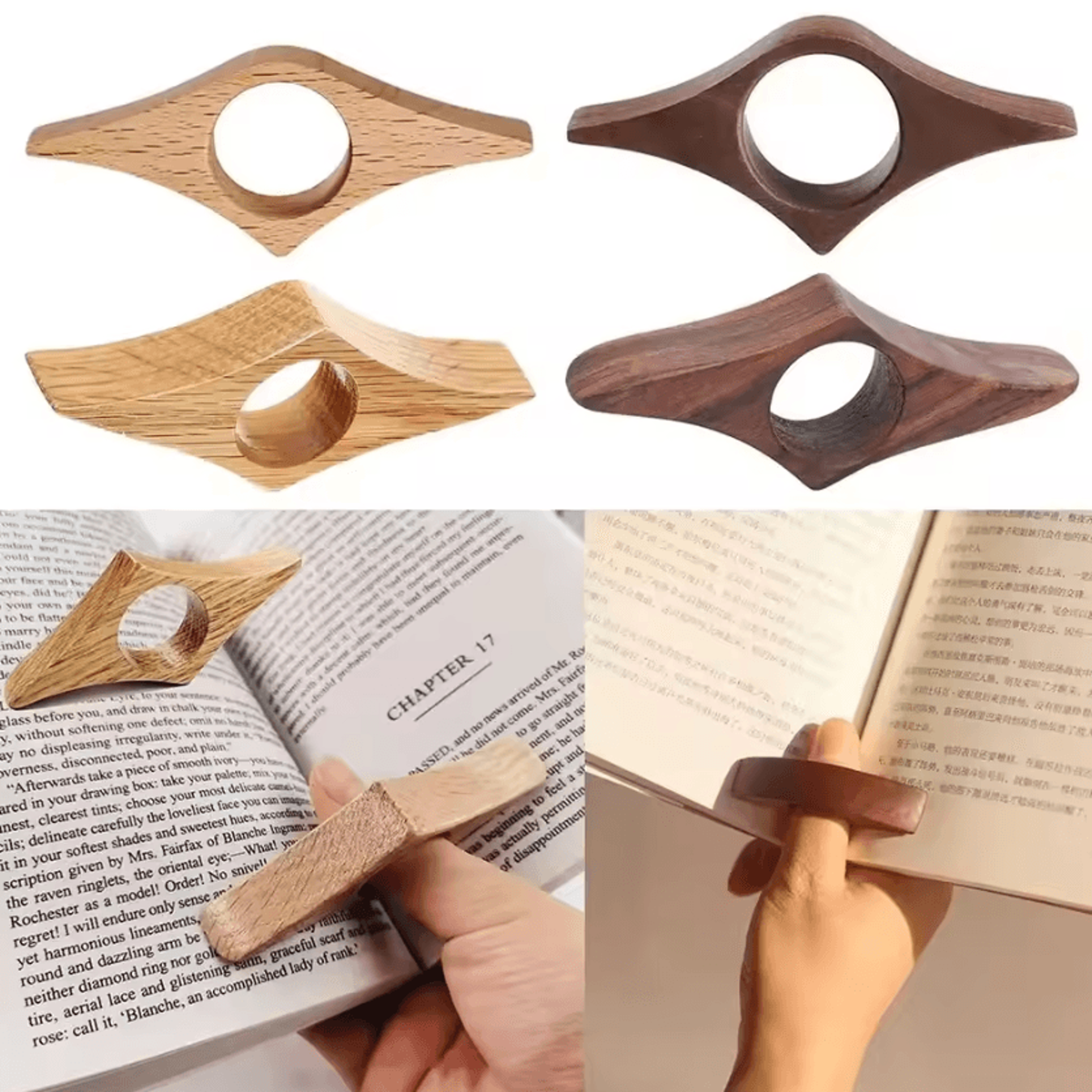 wooden thumb book page holder for one hand reading