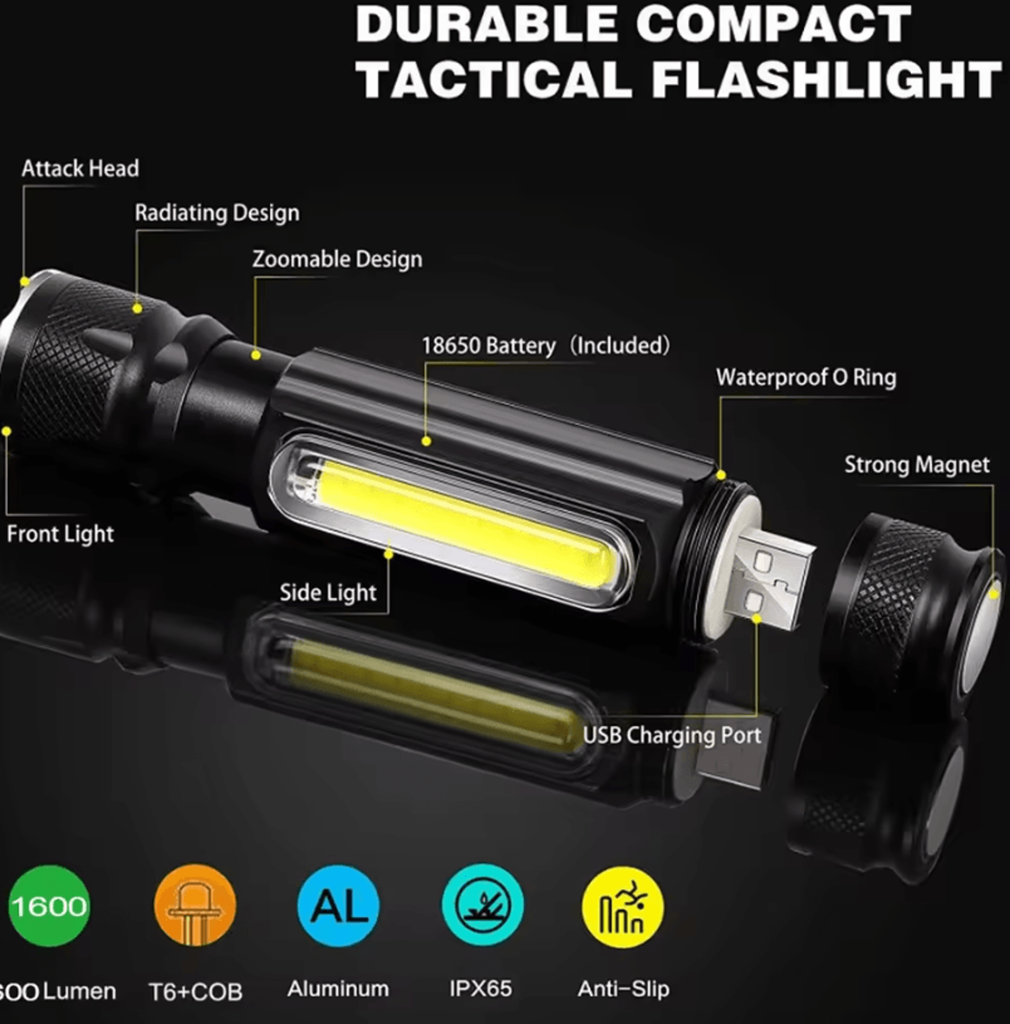 rechargeable t6 cob led magnetic zoom flashlight