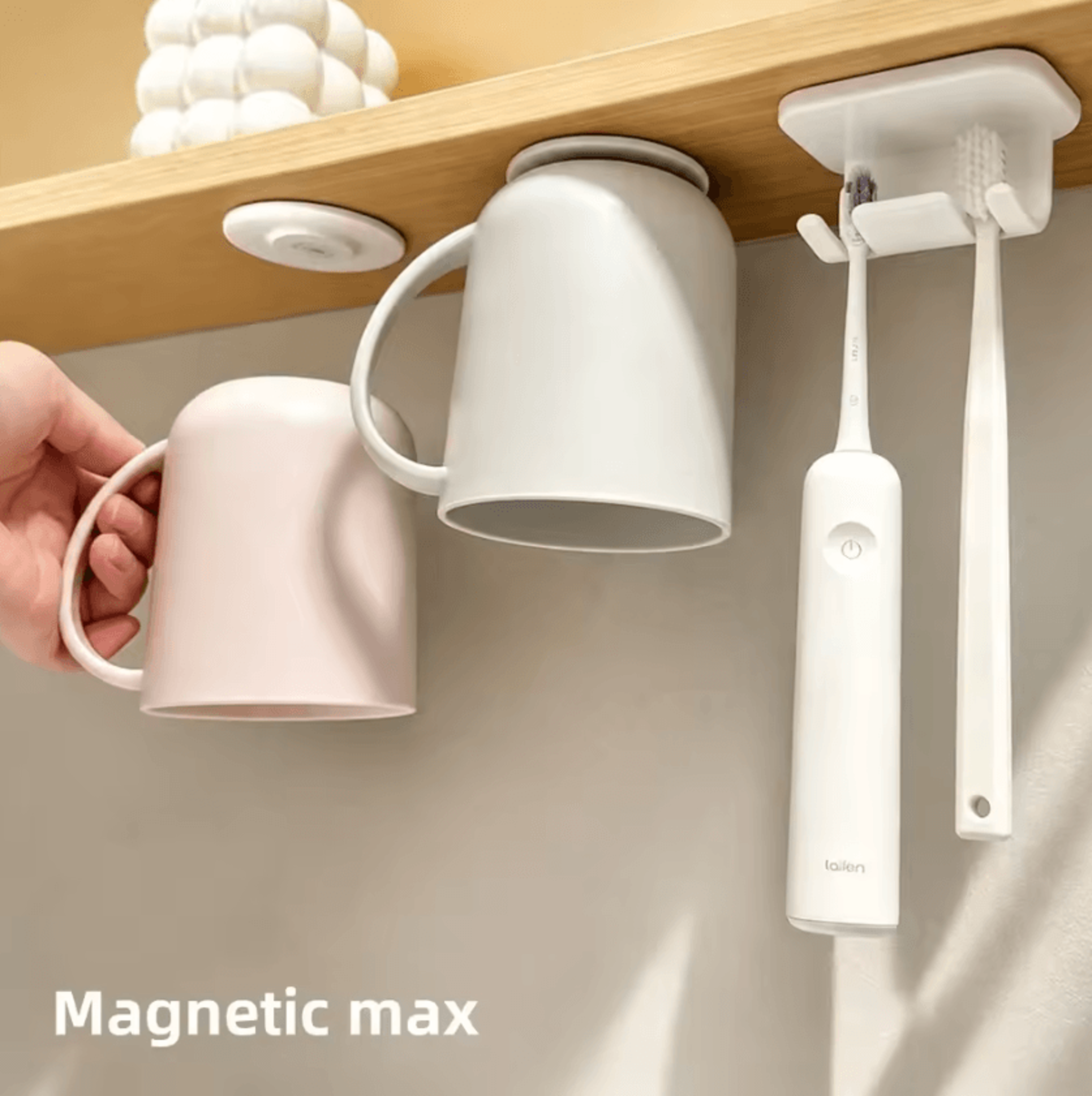 magnetic inverted mouthwash cup with toothbrush rack