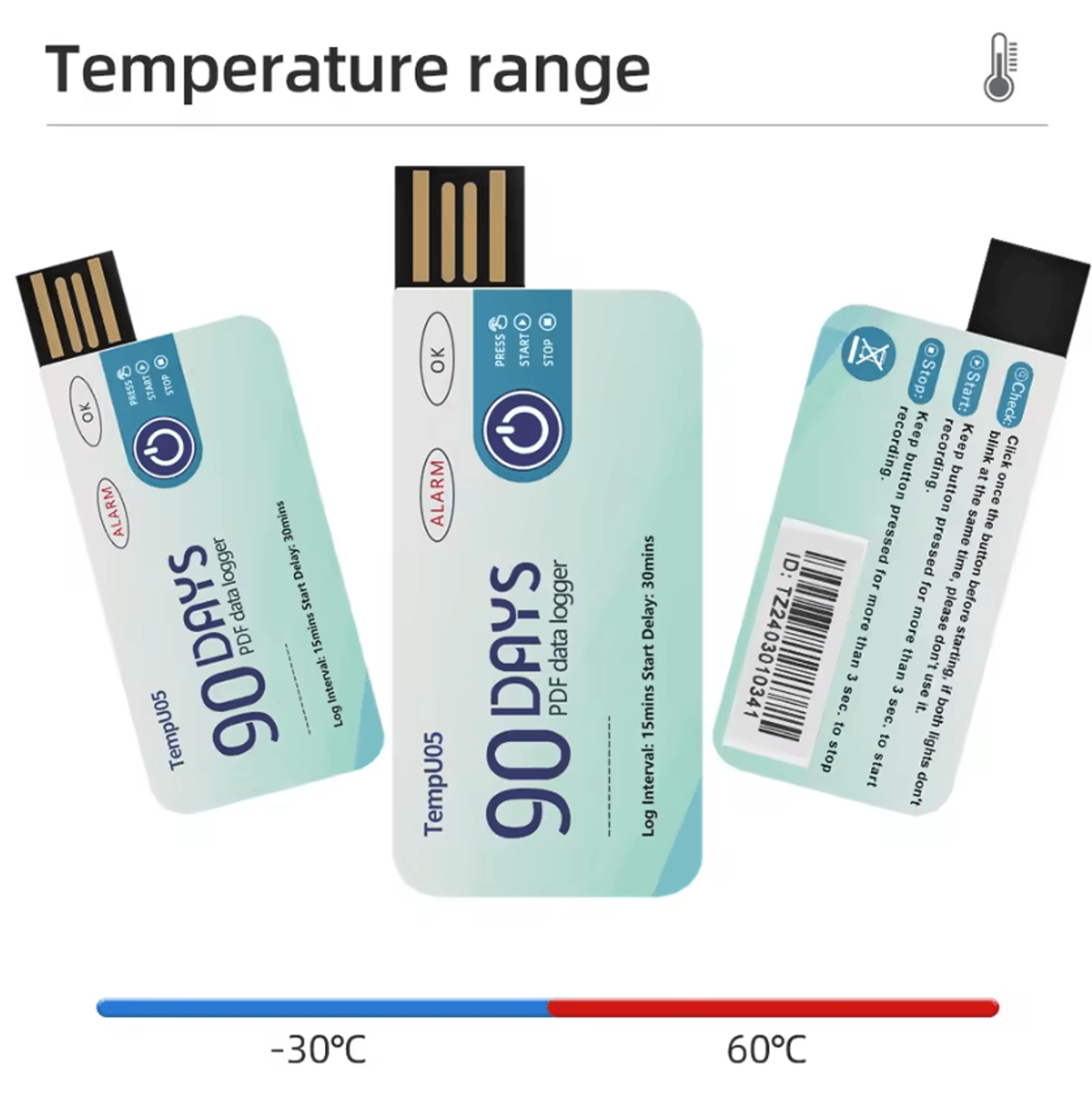 60/90 day usb temperature data logger