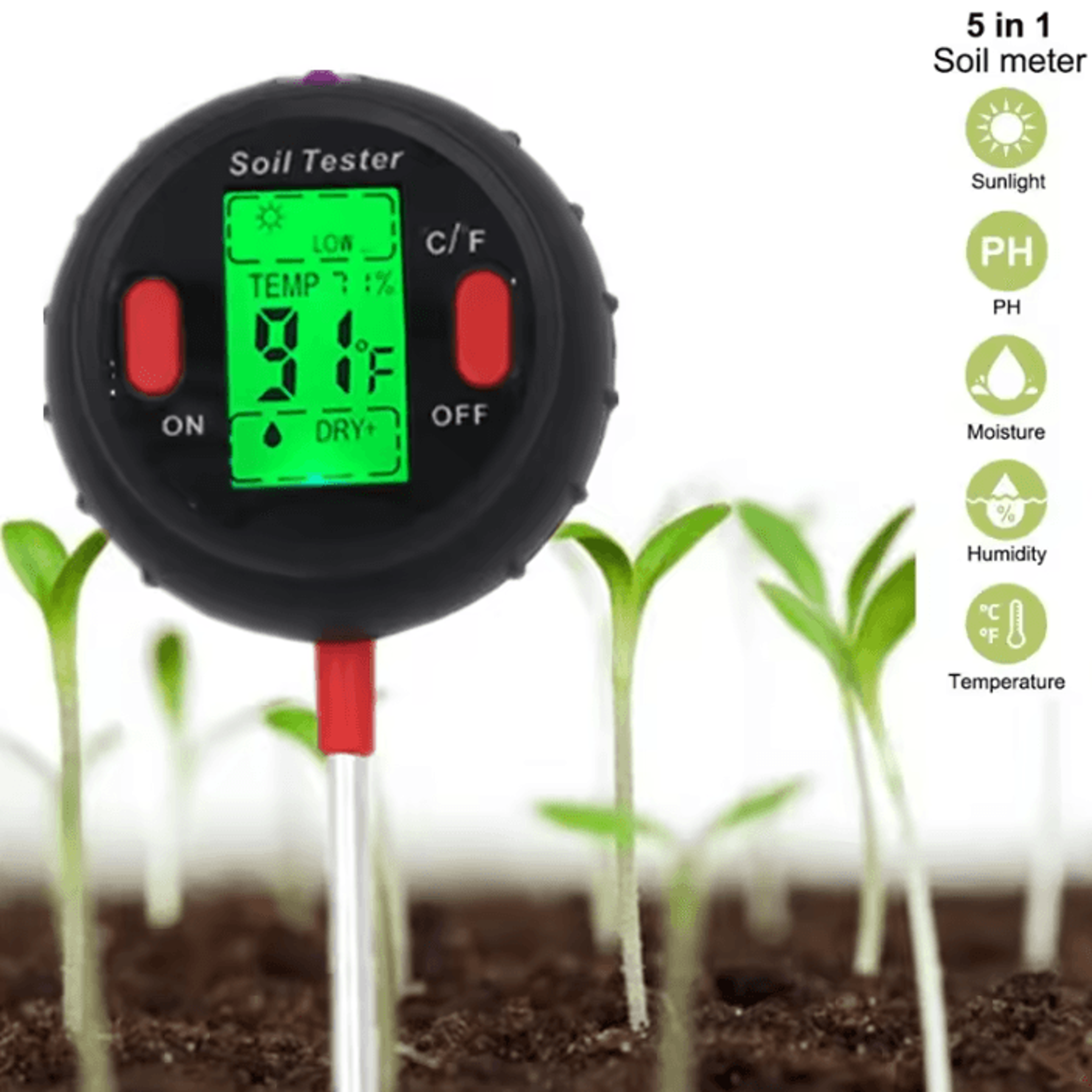 5 in 1 digital soil ph moisture temperature light and humidity tester