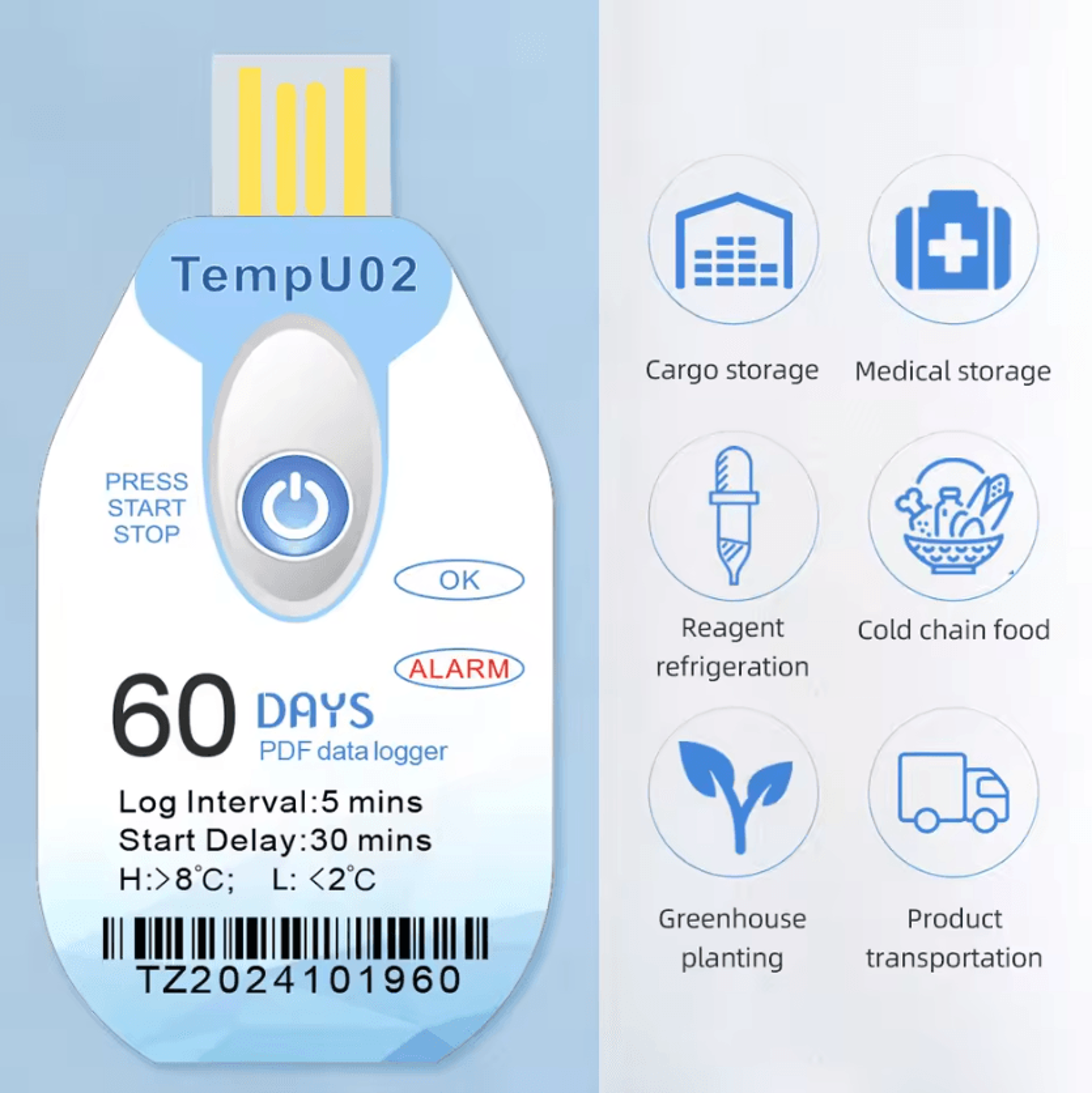 disposable usb cold chain temperature data logger with pdf report