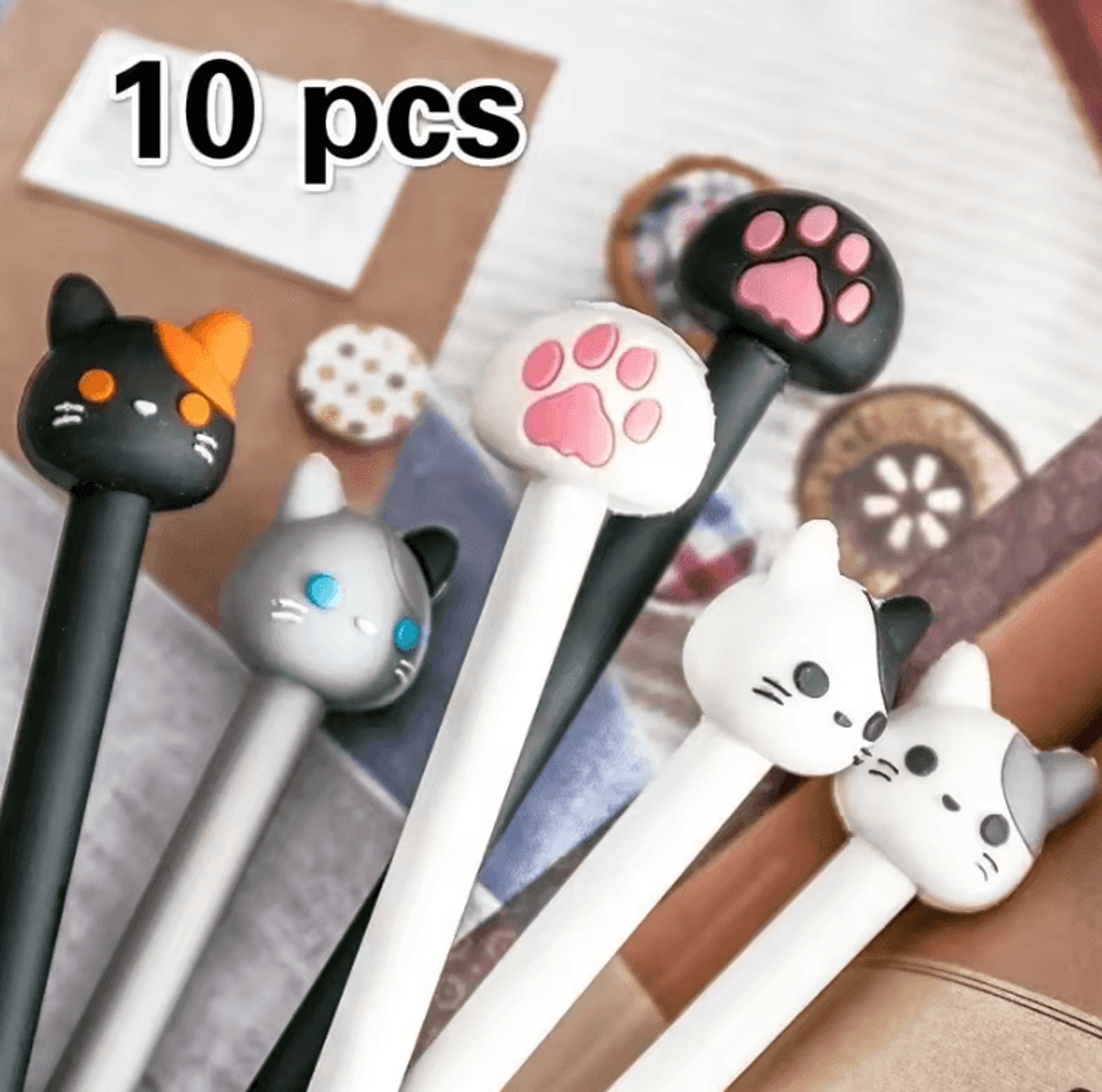 10 piece kawaii cat paw gel pen set with black ink