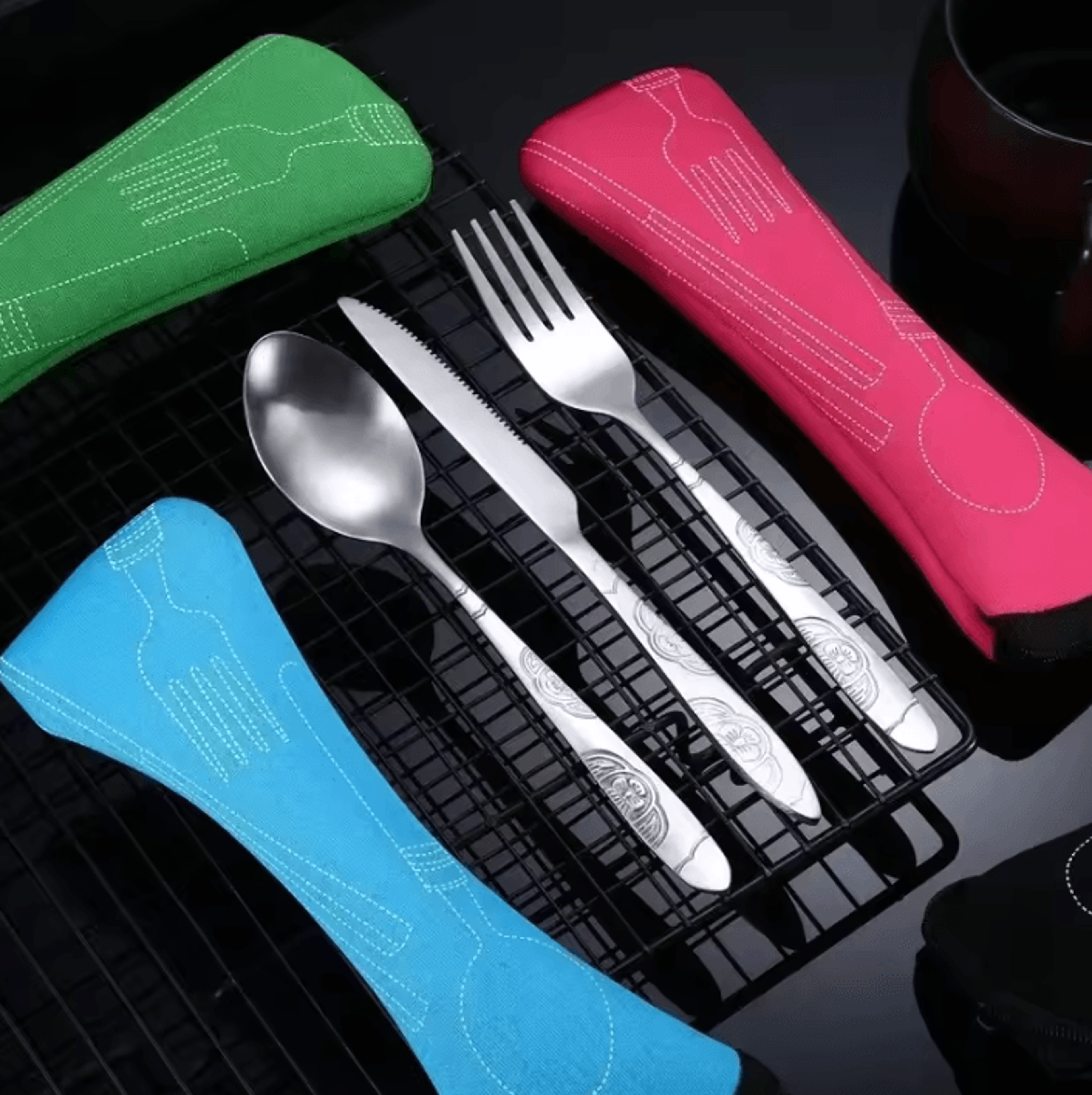 portable stainless steel cutlery set with travel storage bag