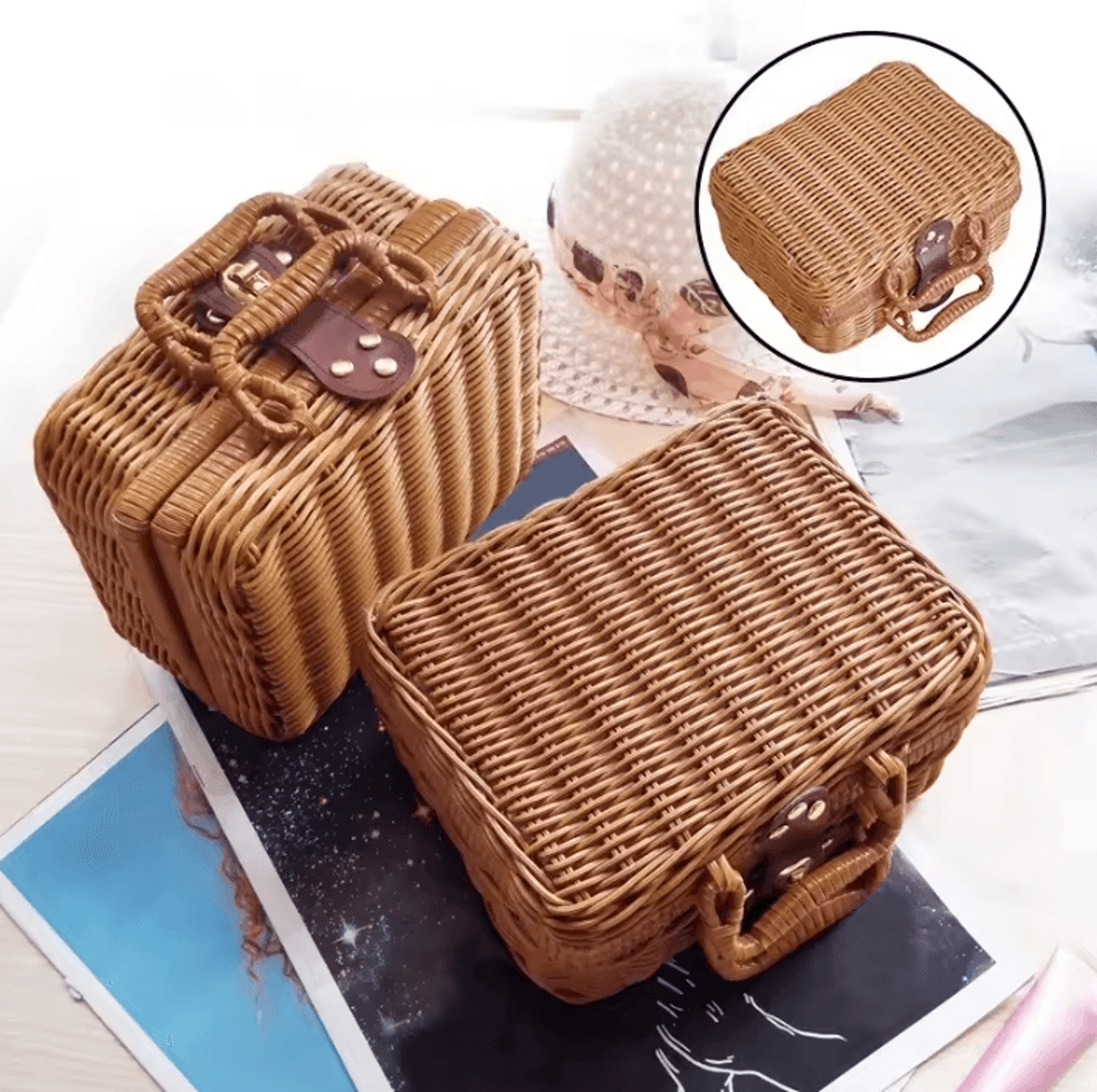 retro woven rattan style storage basket with handle