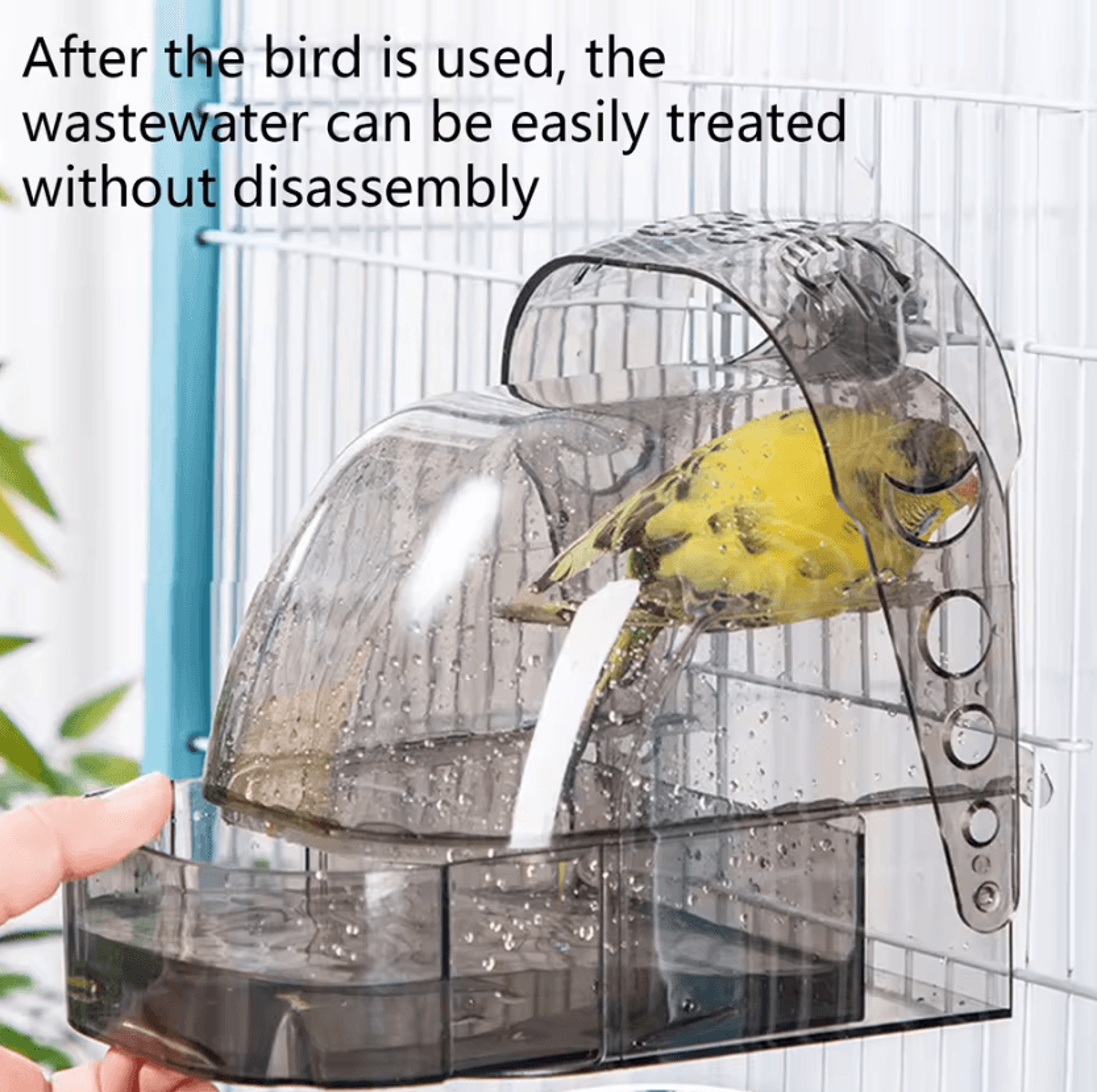 large transparent bird bath box with removable drawer