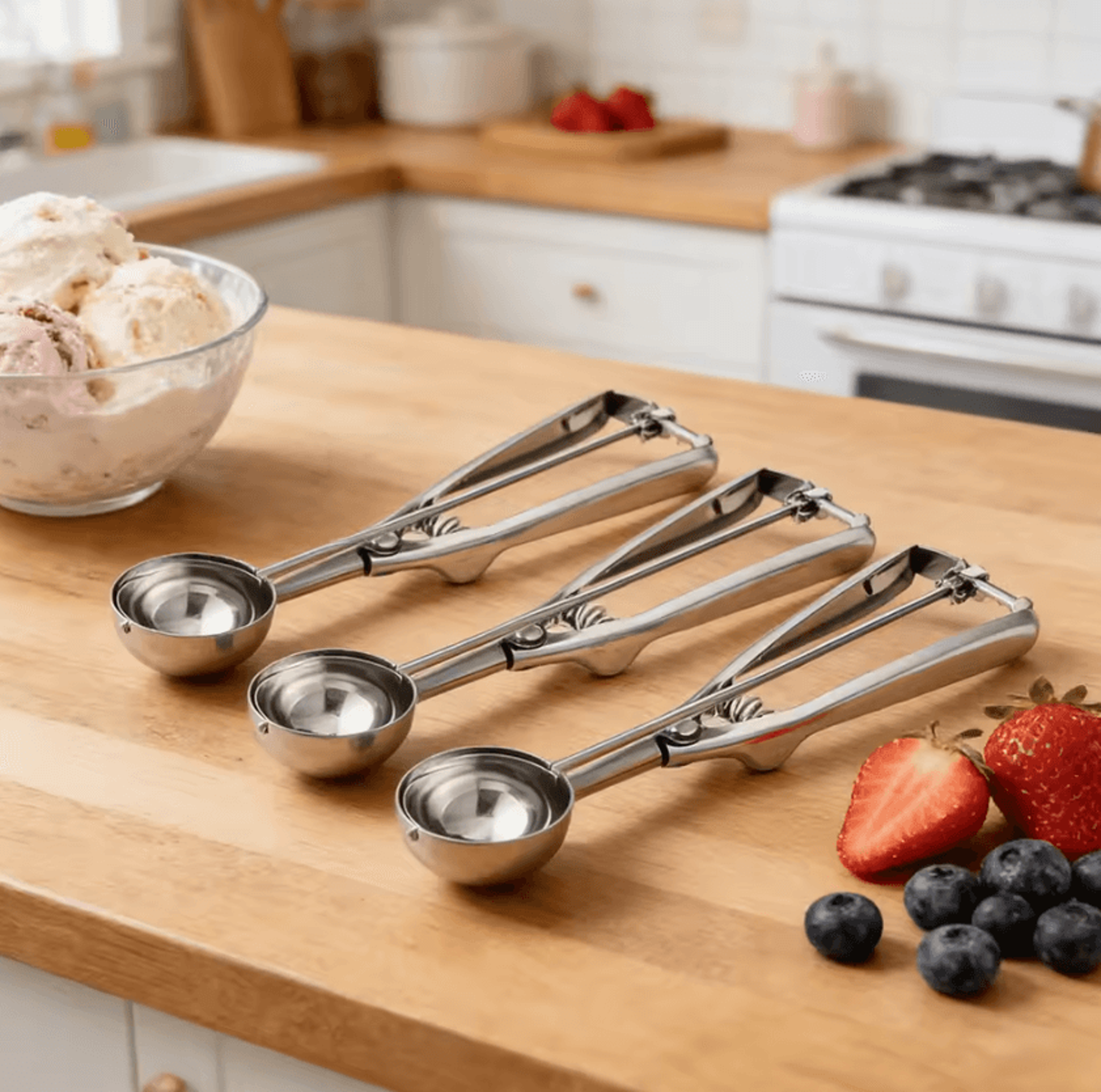 3 piece stainless steel ice cream scoop set for desserts and baking