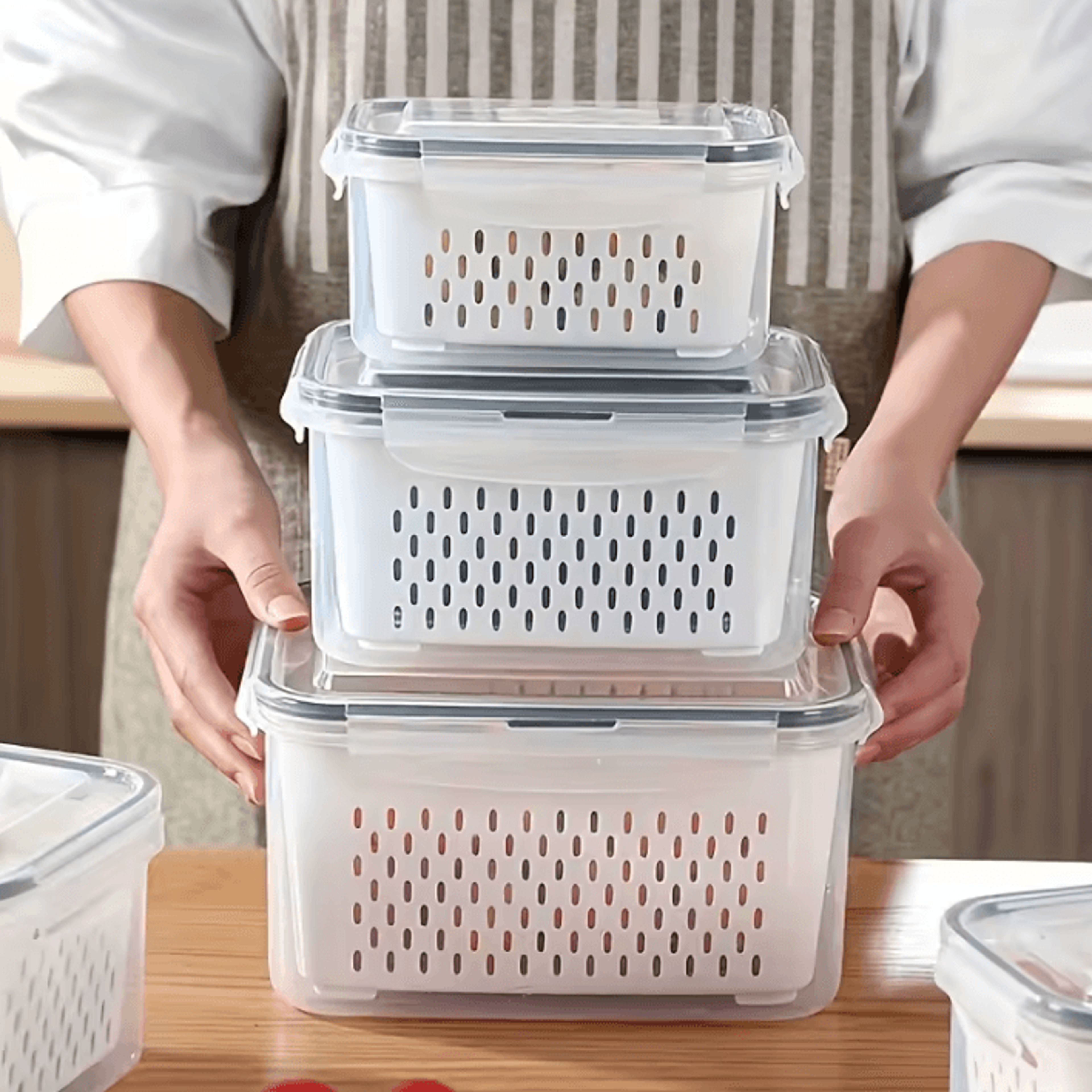 sealed refrigerator storage container with removable strainer basket