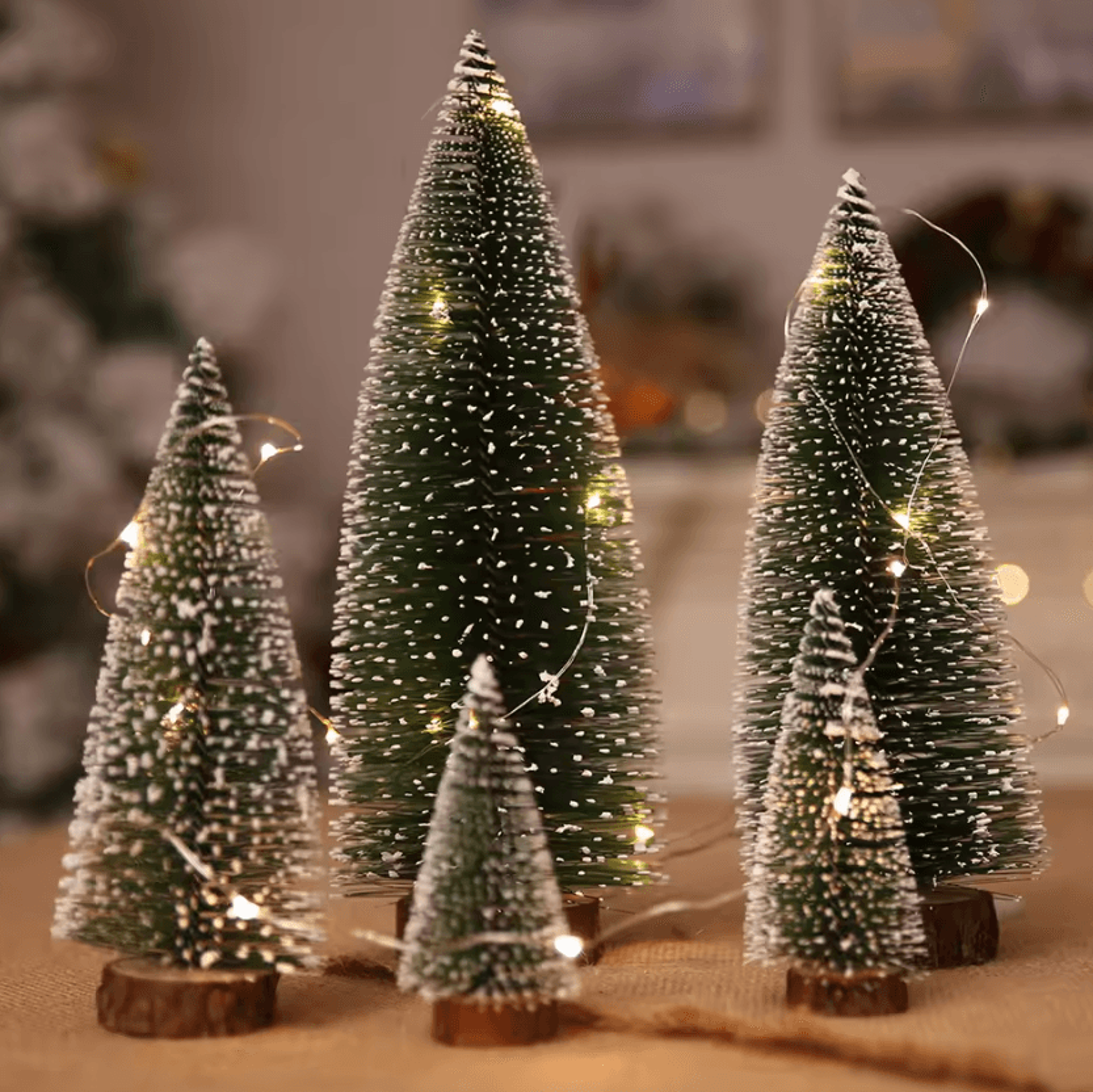 mini flocked pine christmas tree with wooden base