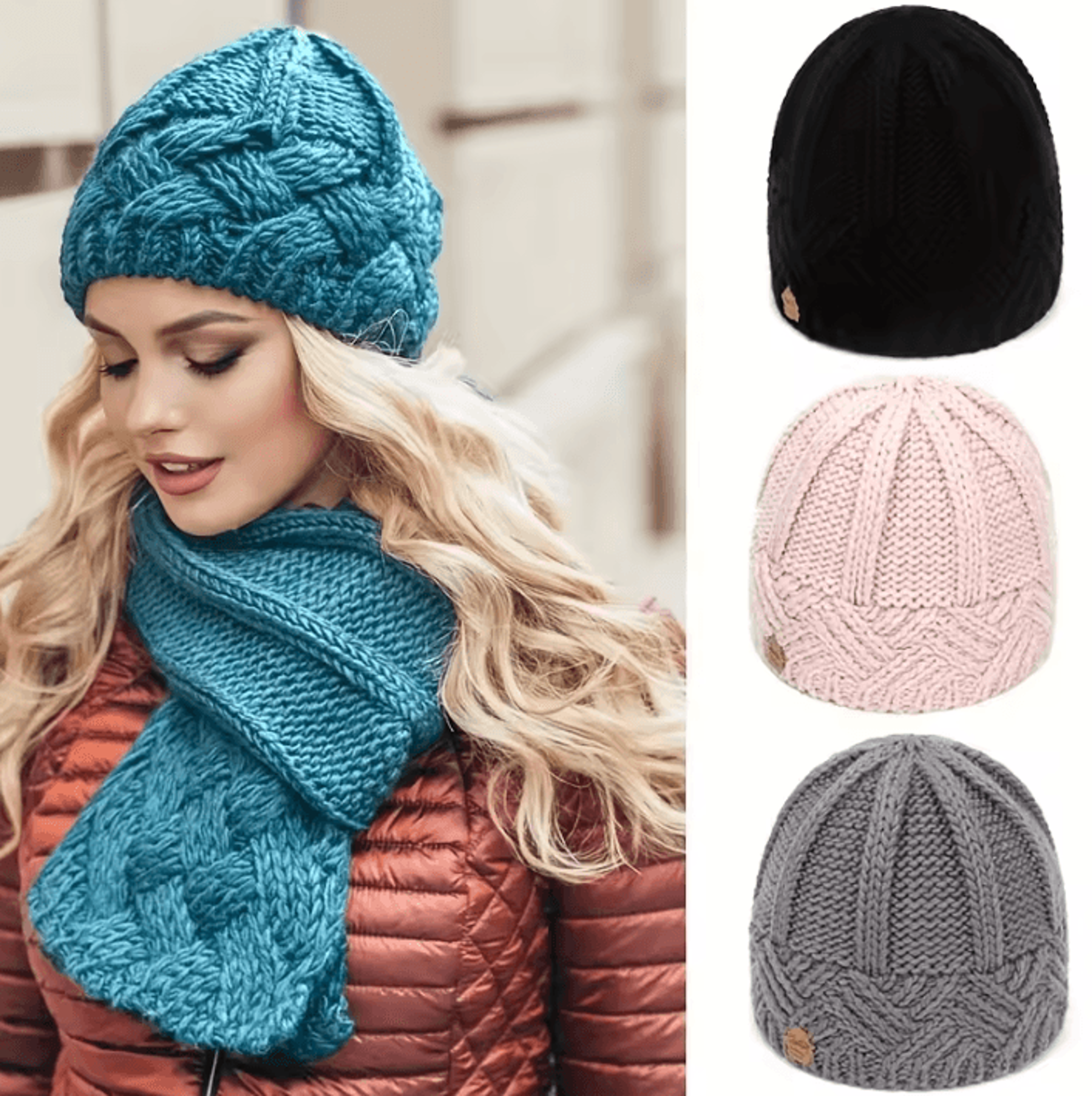 women's thick ribbed knit winter beanie with folded cuff