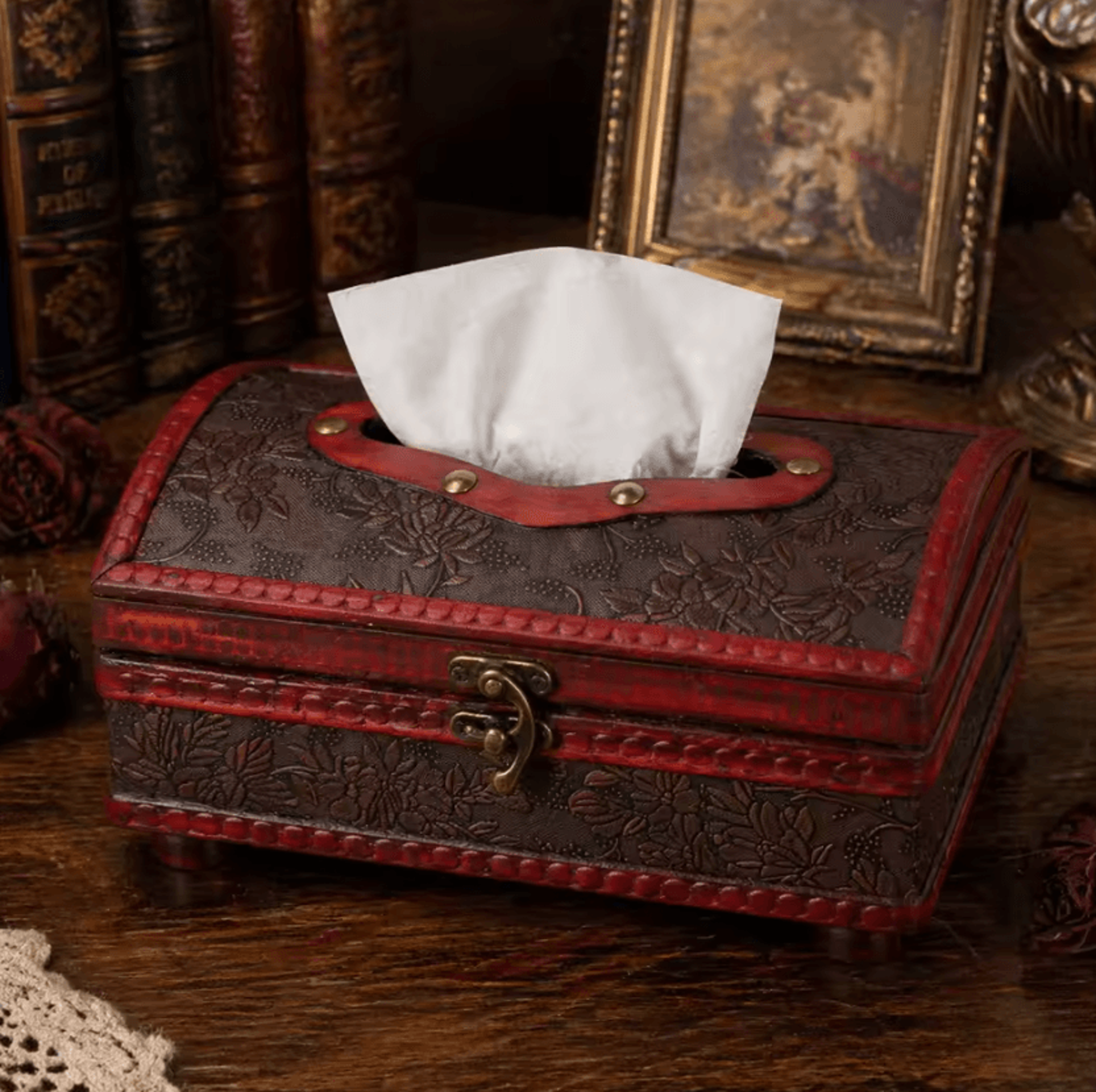 vintage wooden floral embossed tissue box holder