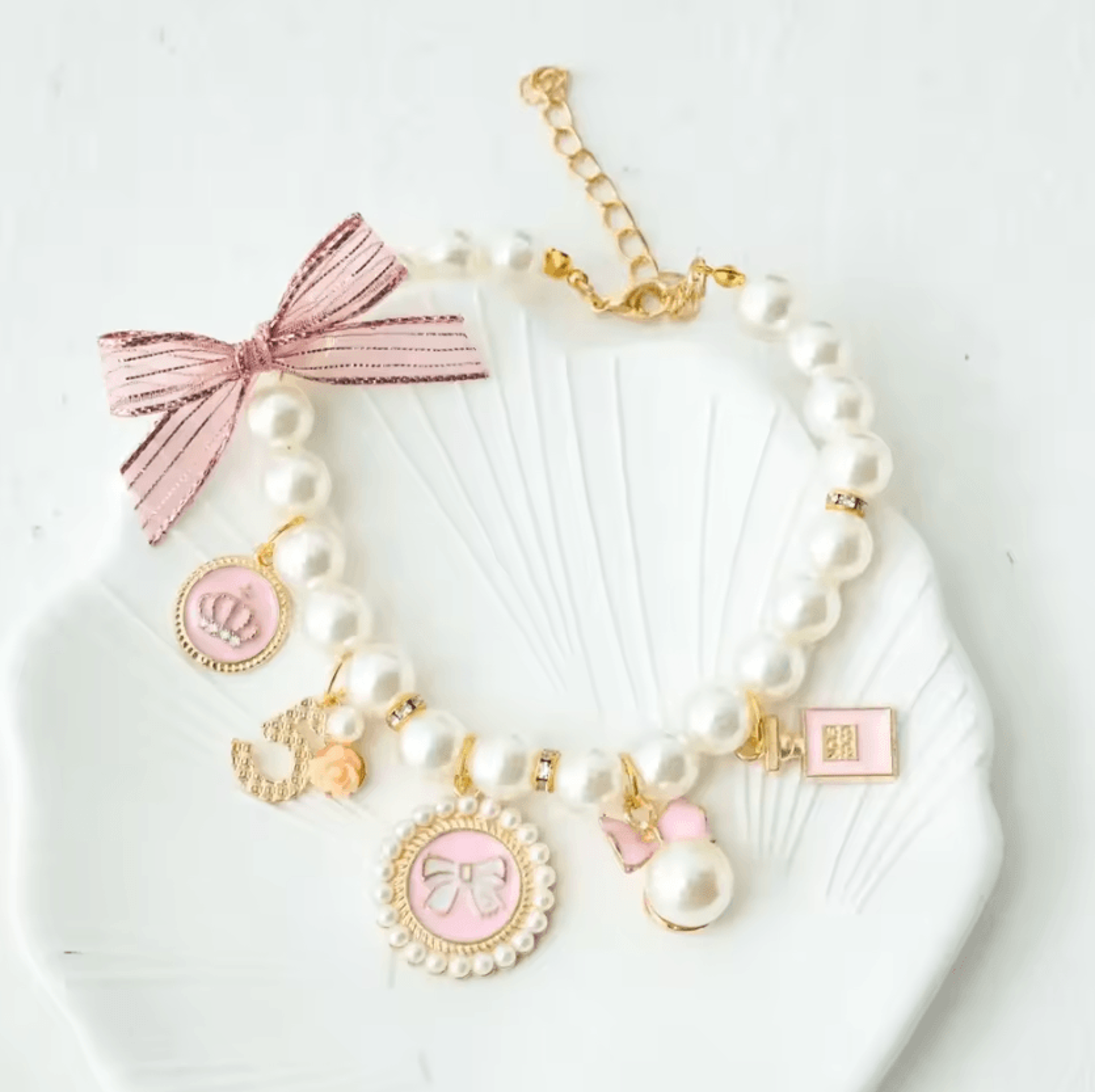 pearl bow pet collar with rhinestone pendant for cats and small dogs