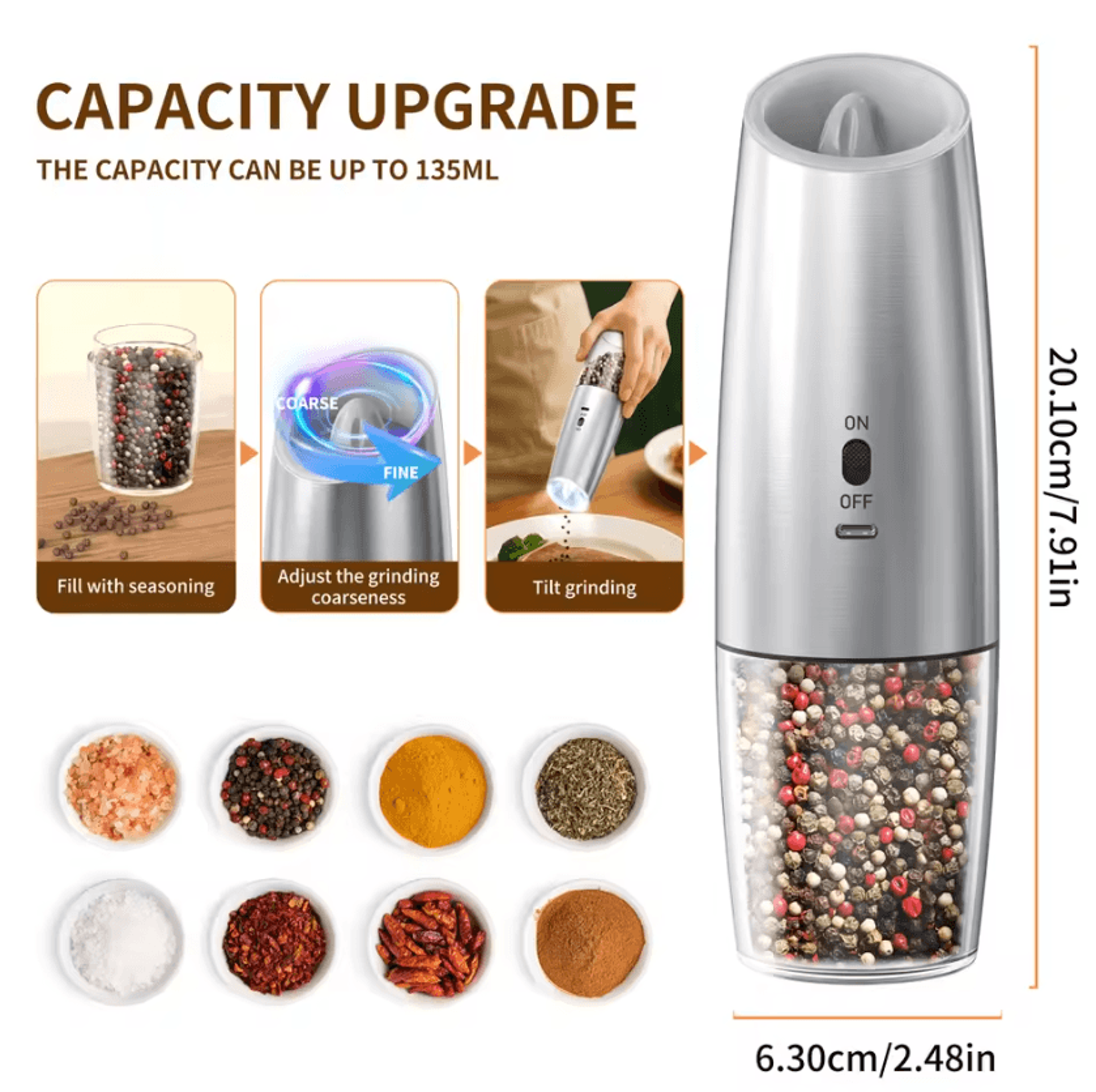 gravity activated electric salt and pepper grinder with adjustable coarseness