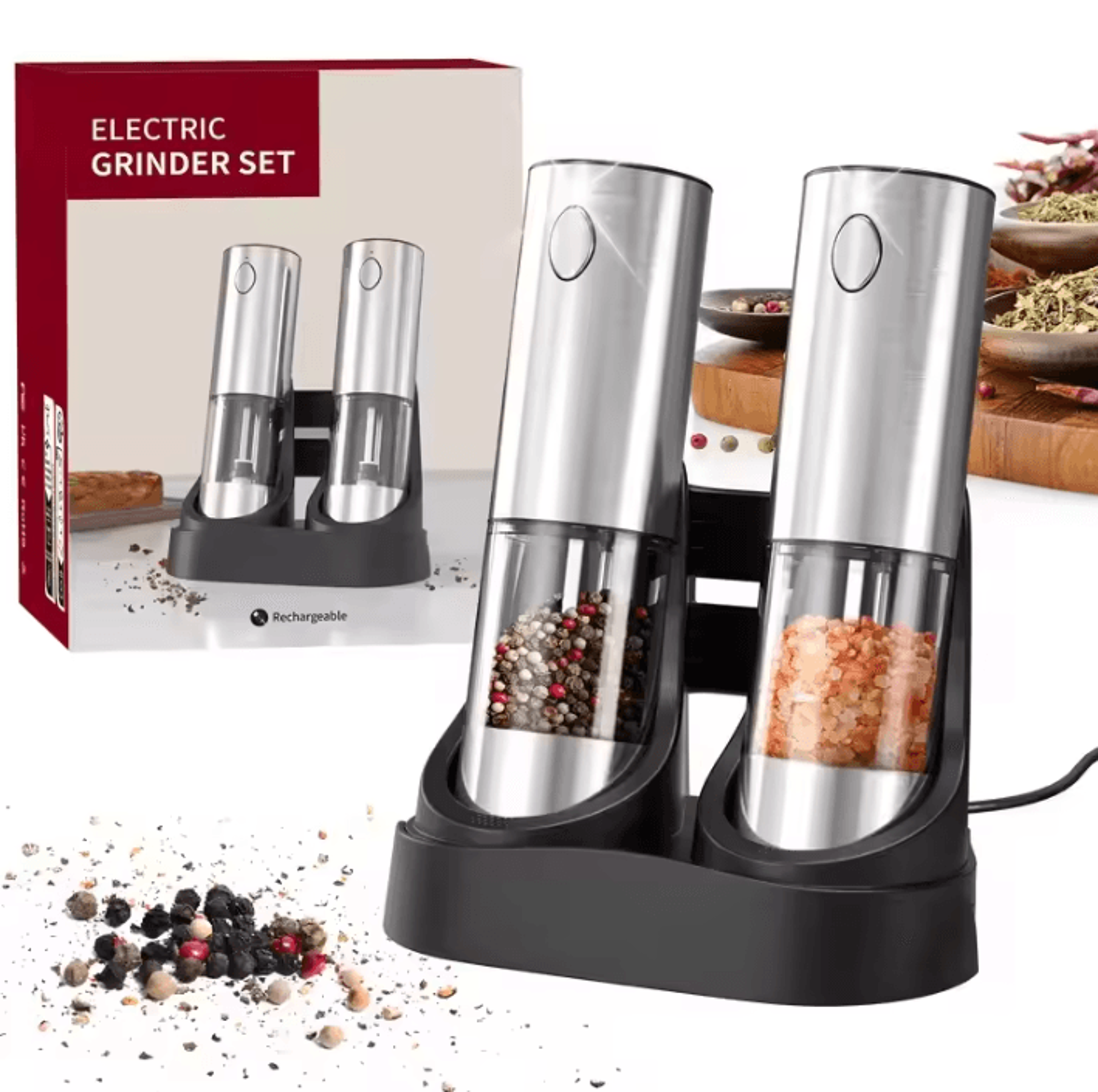 tiltglow gravity electric salt and pepper grinder with led light