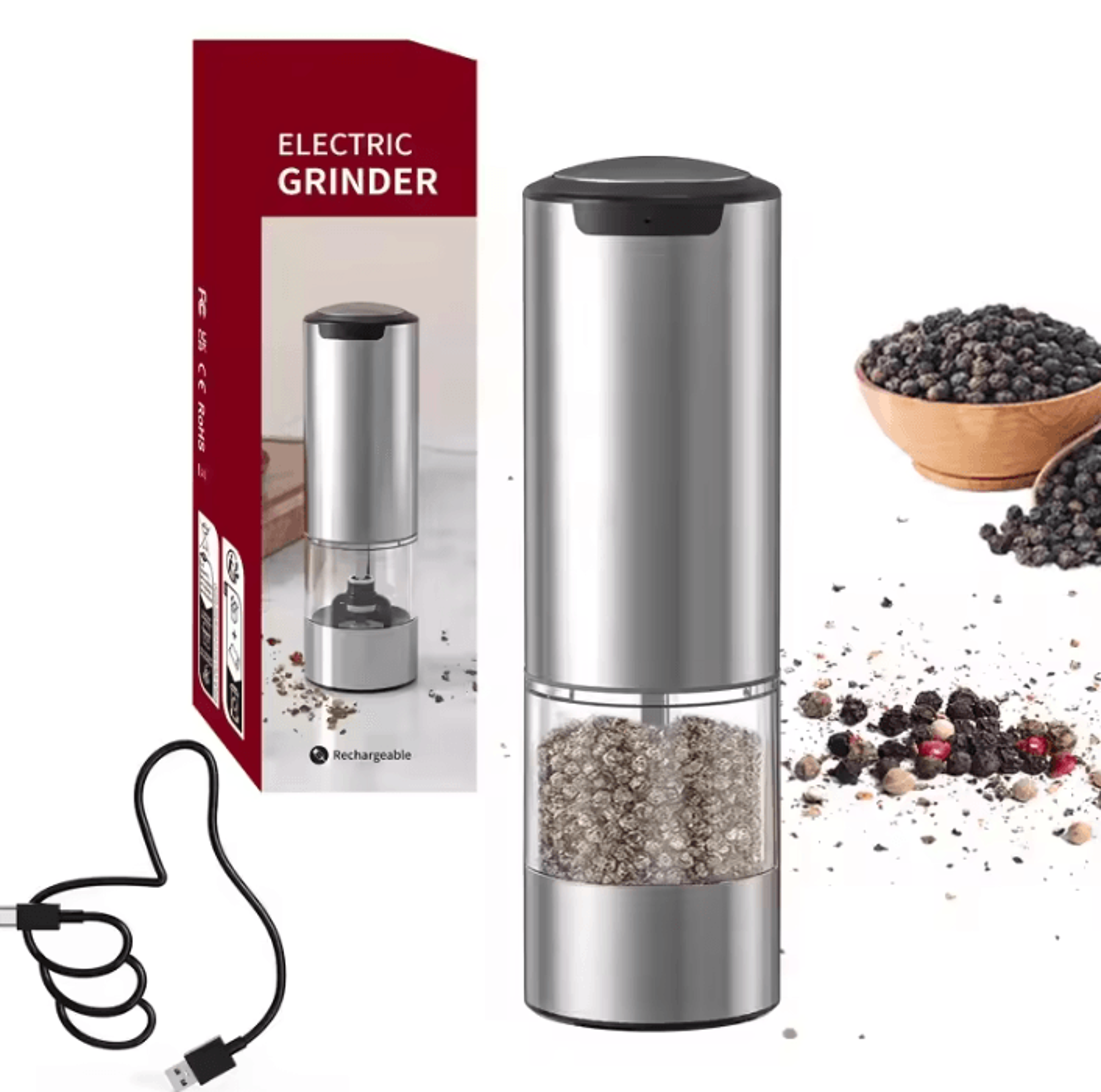 freshmill rechargeable electric salt and pepper grinder with led light