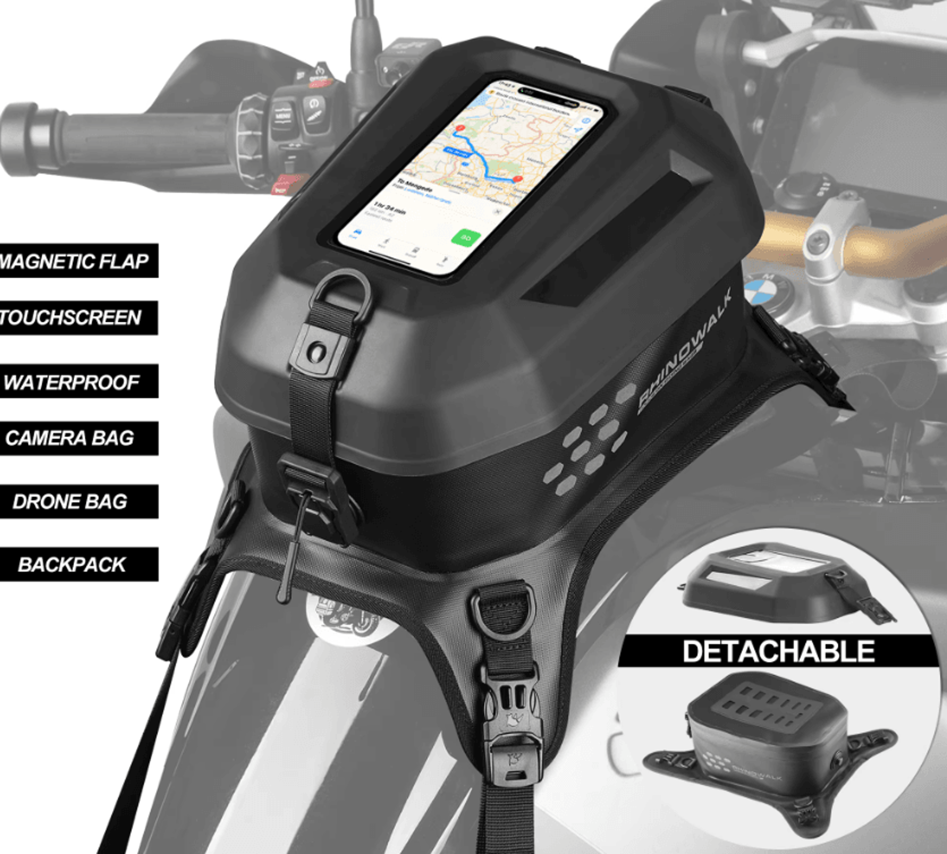 rhinowalk 5.6l waterproof motorcycle tank bag with touchscreen phone holder