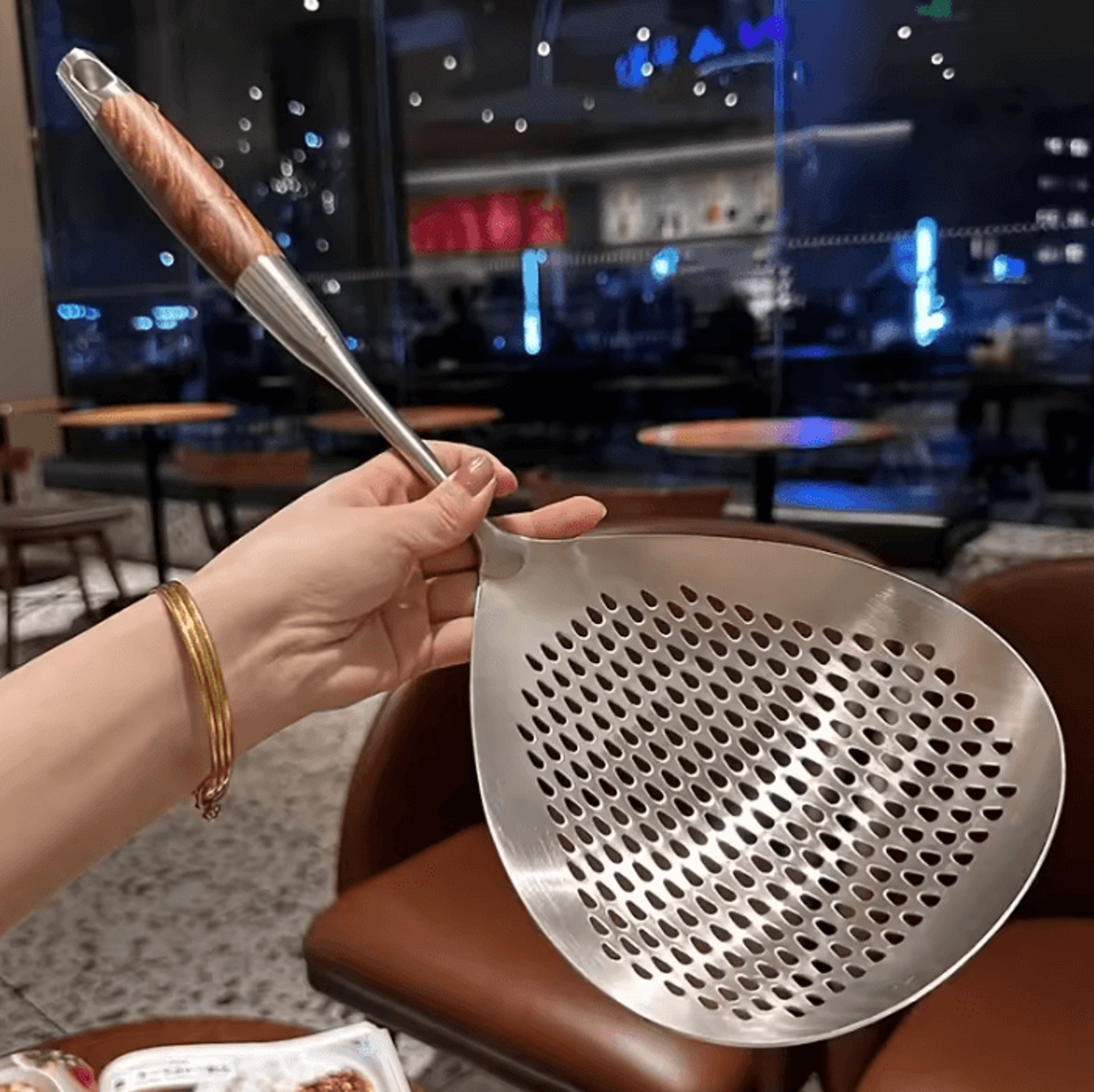 straincraft stainless steel kitchen strainer spoon with wood handle