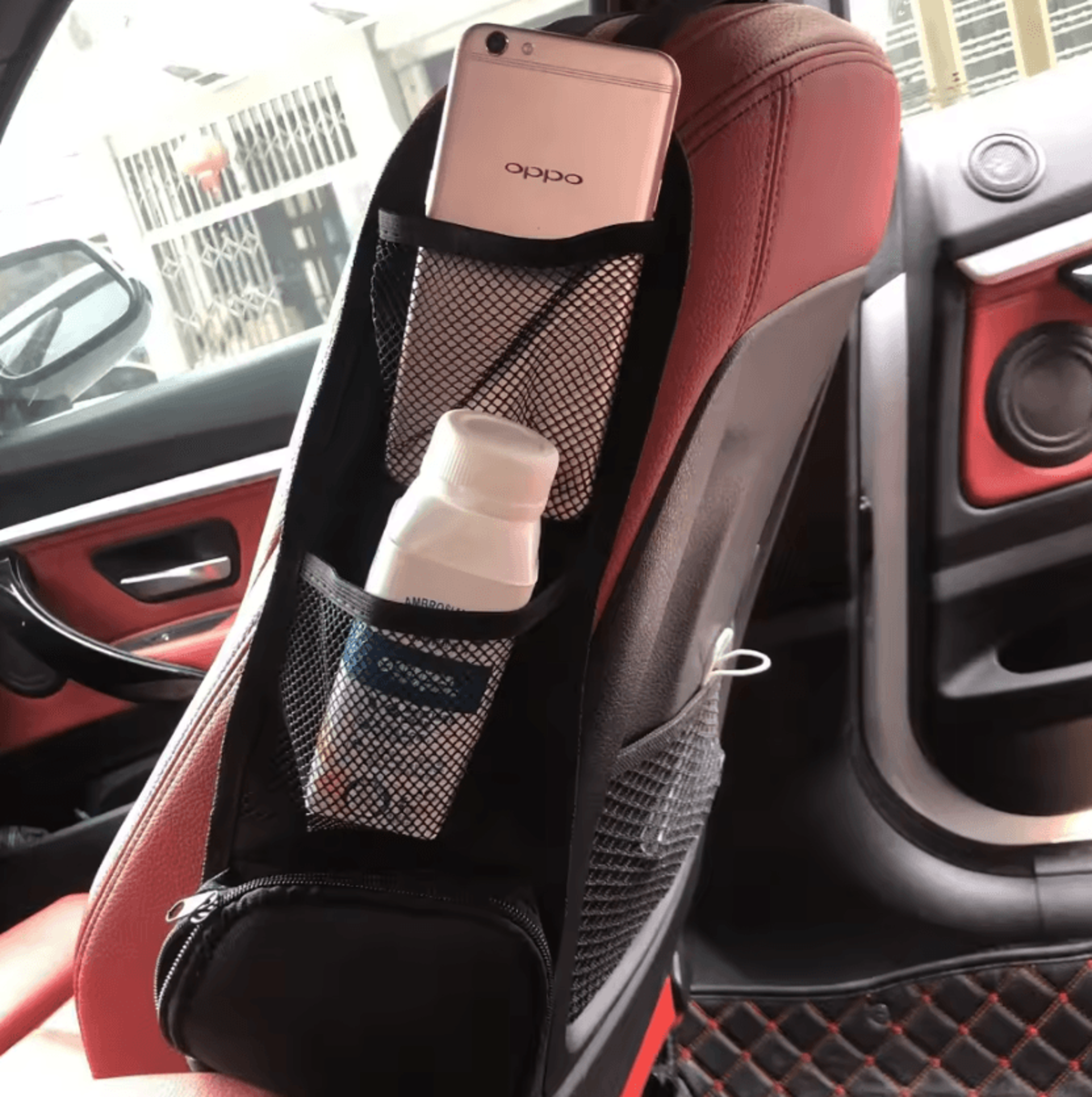 seatmate multi-pocket car seat side organizer with drink and phone holder