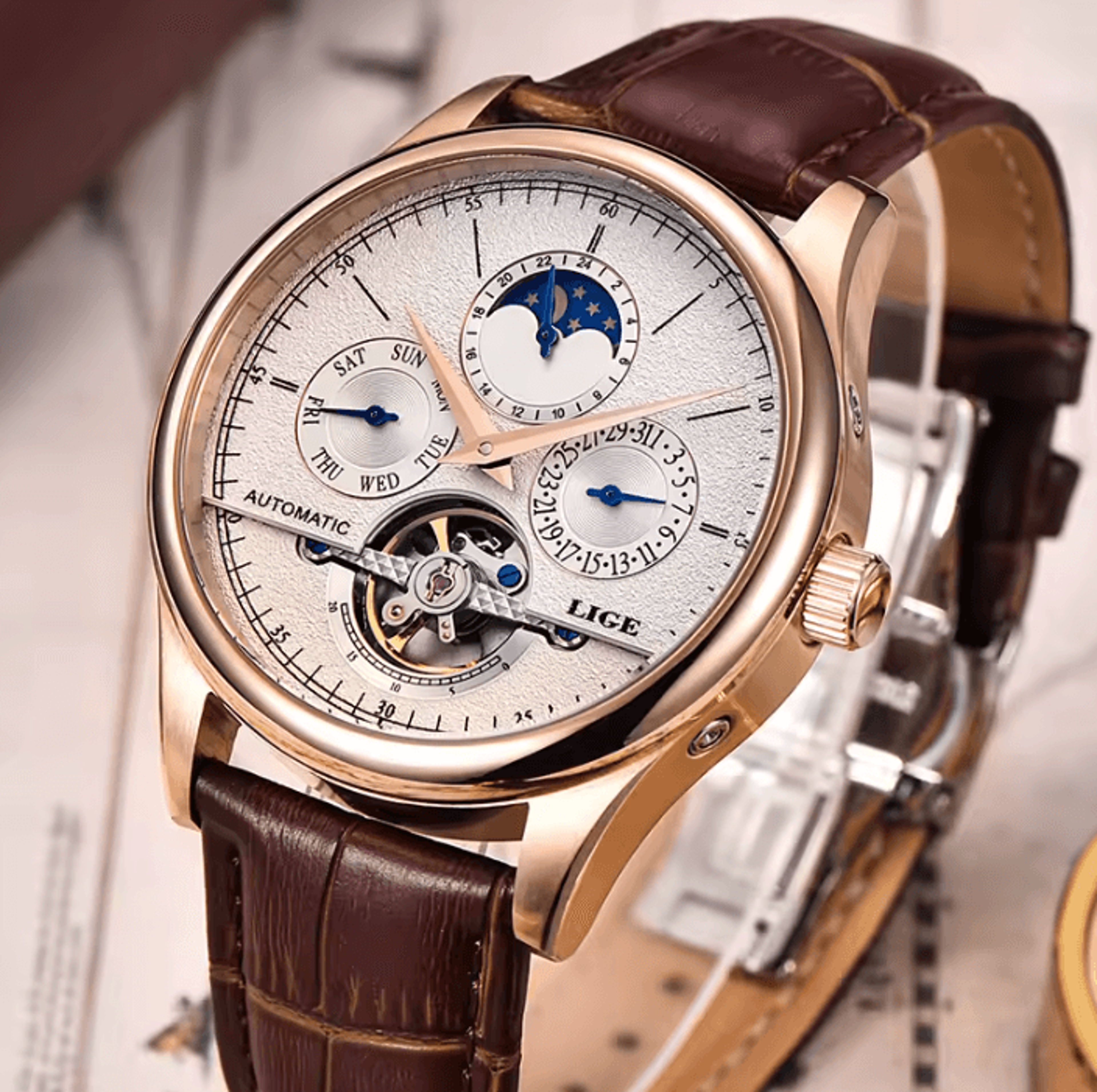 lige heritage classic automatic mechanical watch with genuine leather strap