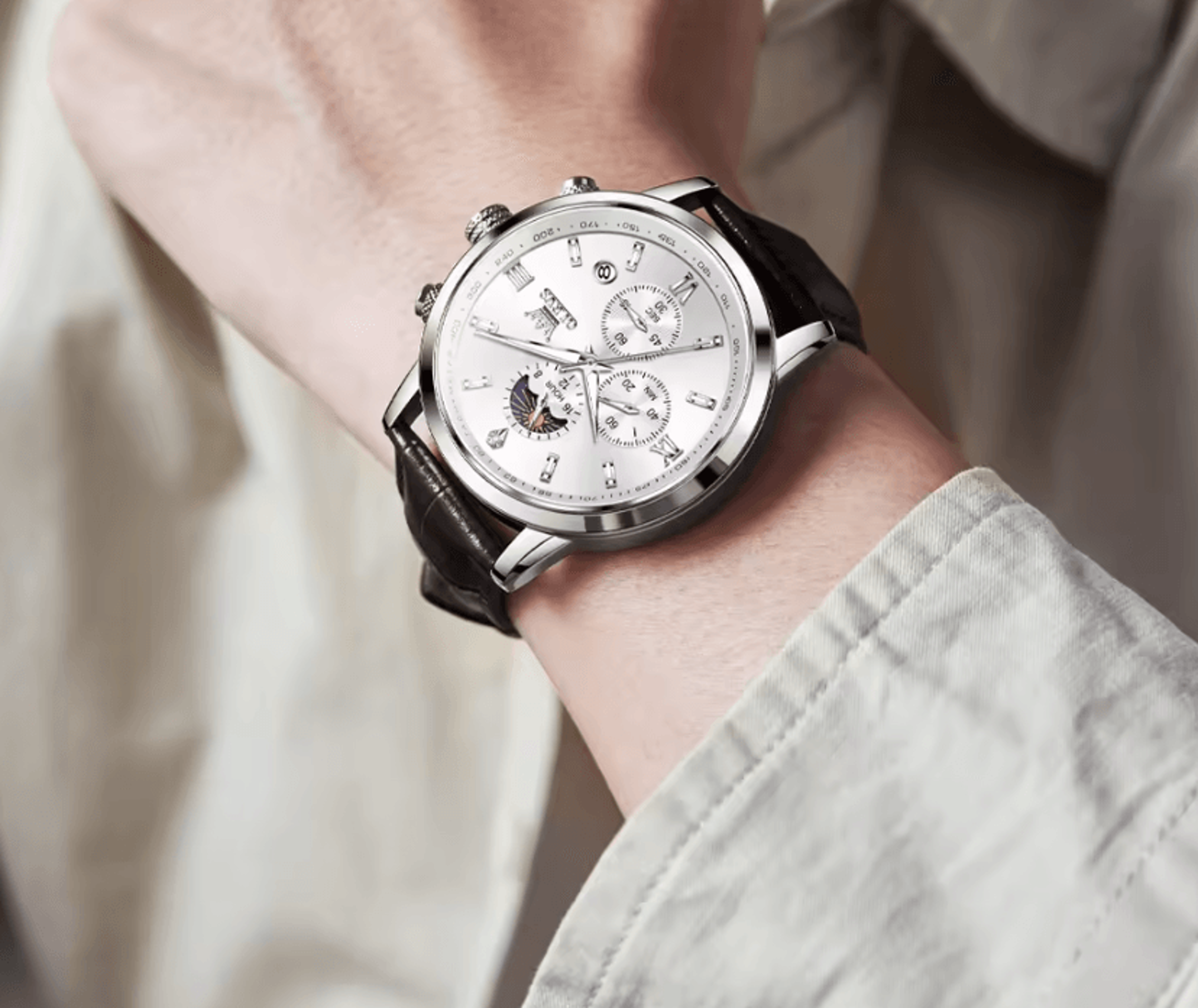 olevs 9812 celestial luxe men's quartz chronograph watch with moonphase design