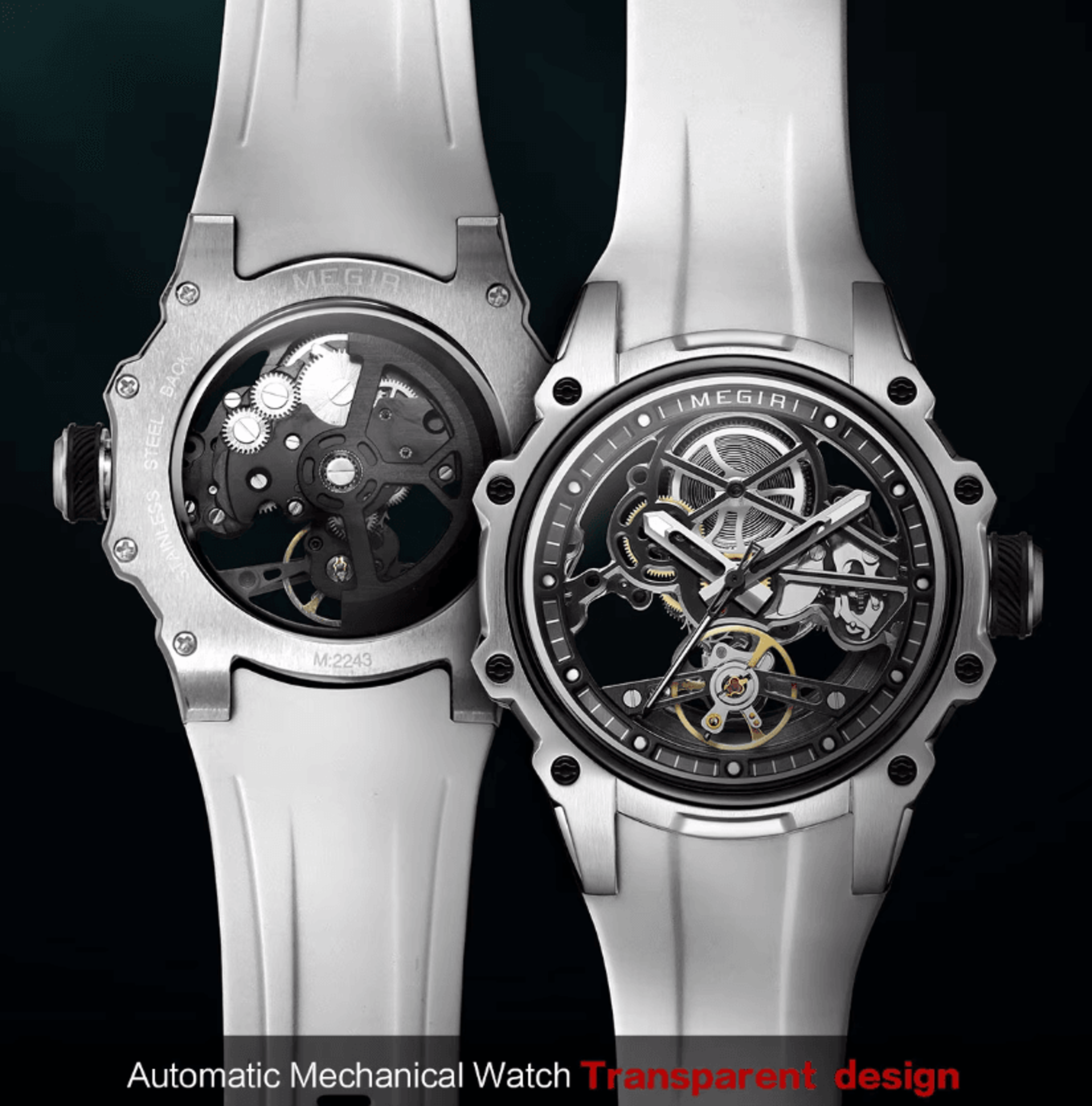 megir aeroskeleton automatic mechanical sports watch with luminous dial and silicone strap
