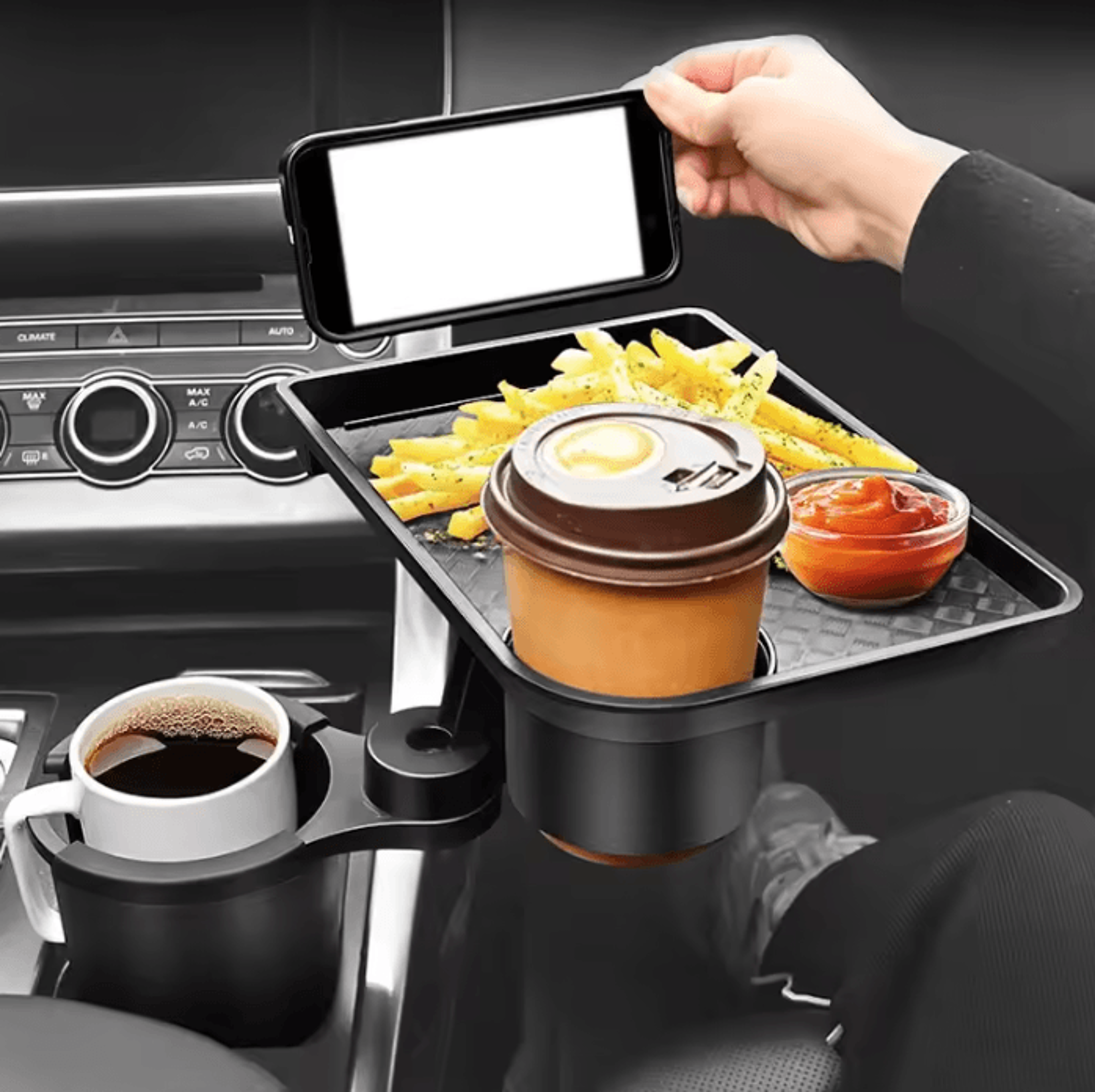 drivemate 360° adjustable car cup holder expander with snack tray
