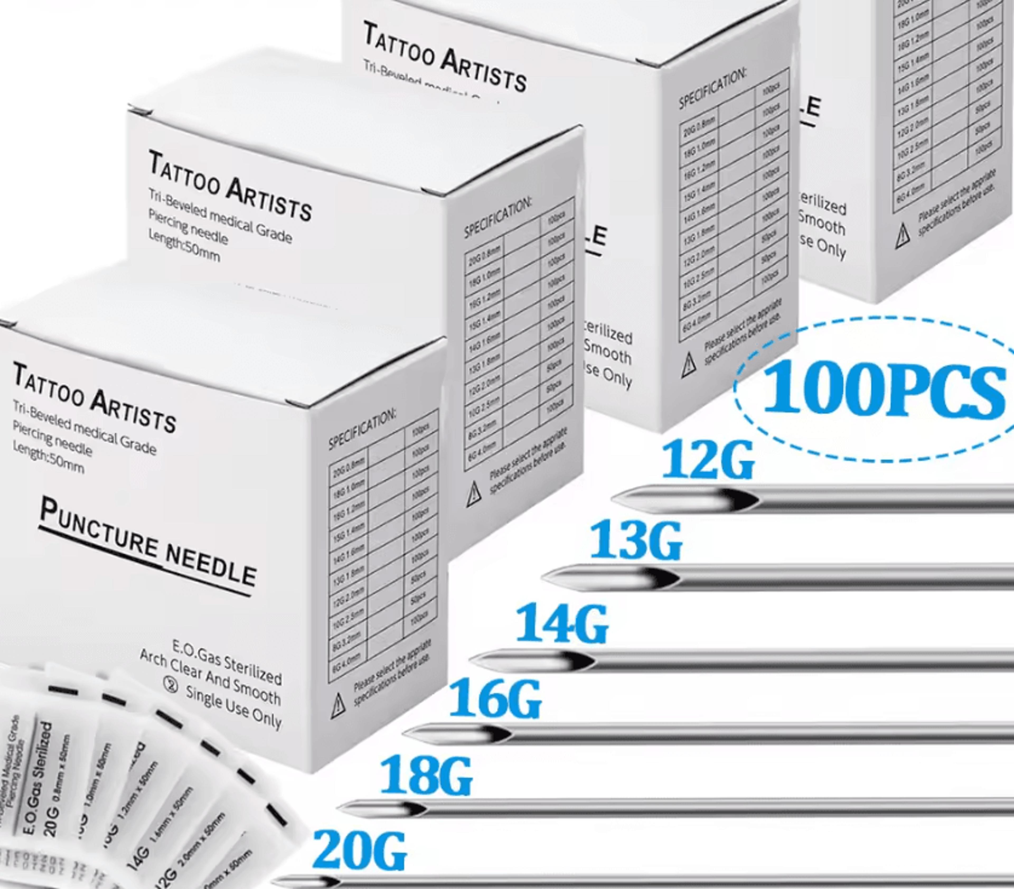 pierceprecision 100-piece professional body piercing needles in multiple gauge sizes