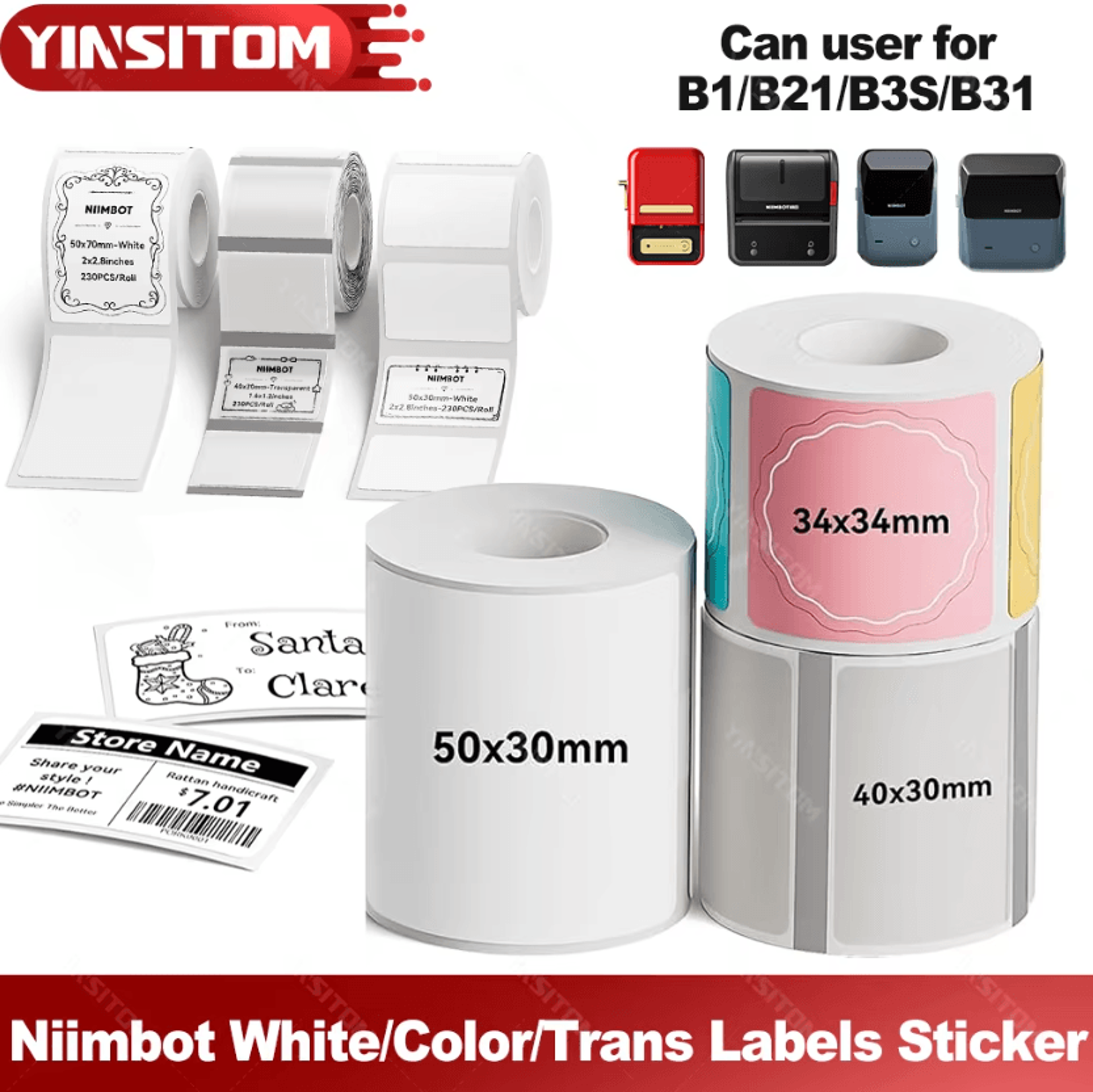 niimbot 30-50mm thermal label stickers white color and transparent adhesive paper rolls for b1 b21s b21pro