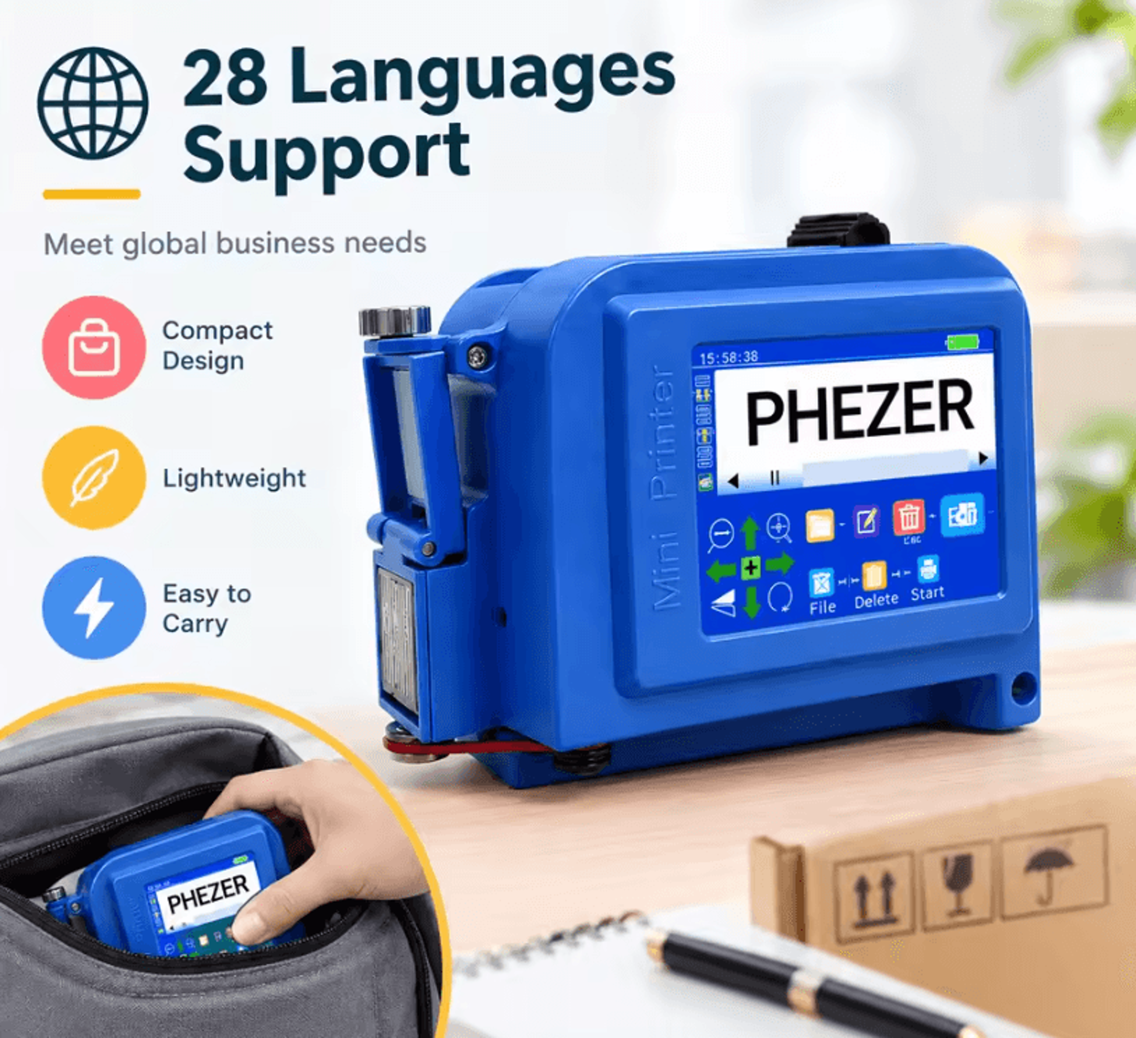 phezer pc11plus portable handheld inkjet printer 12.7mm 25.4mm qr barcode and date coding machine