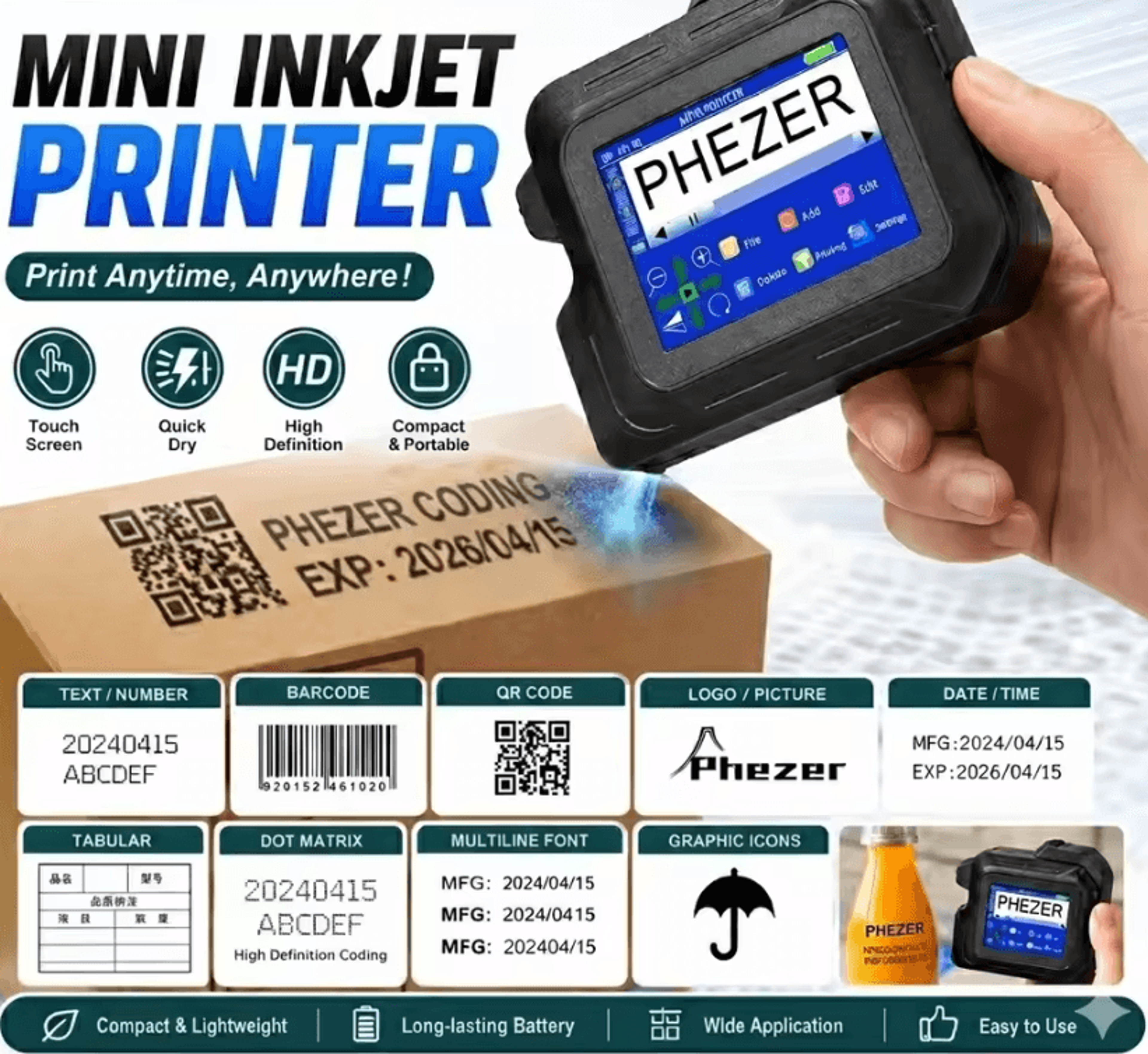 phezer pc98 mini handheld inkjet printer 28-language portable qr barcode and expiry date coding machine