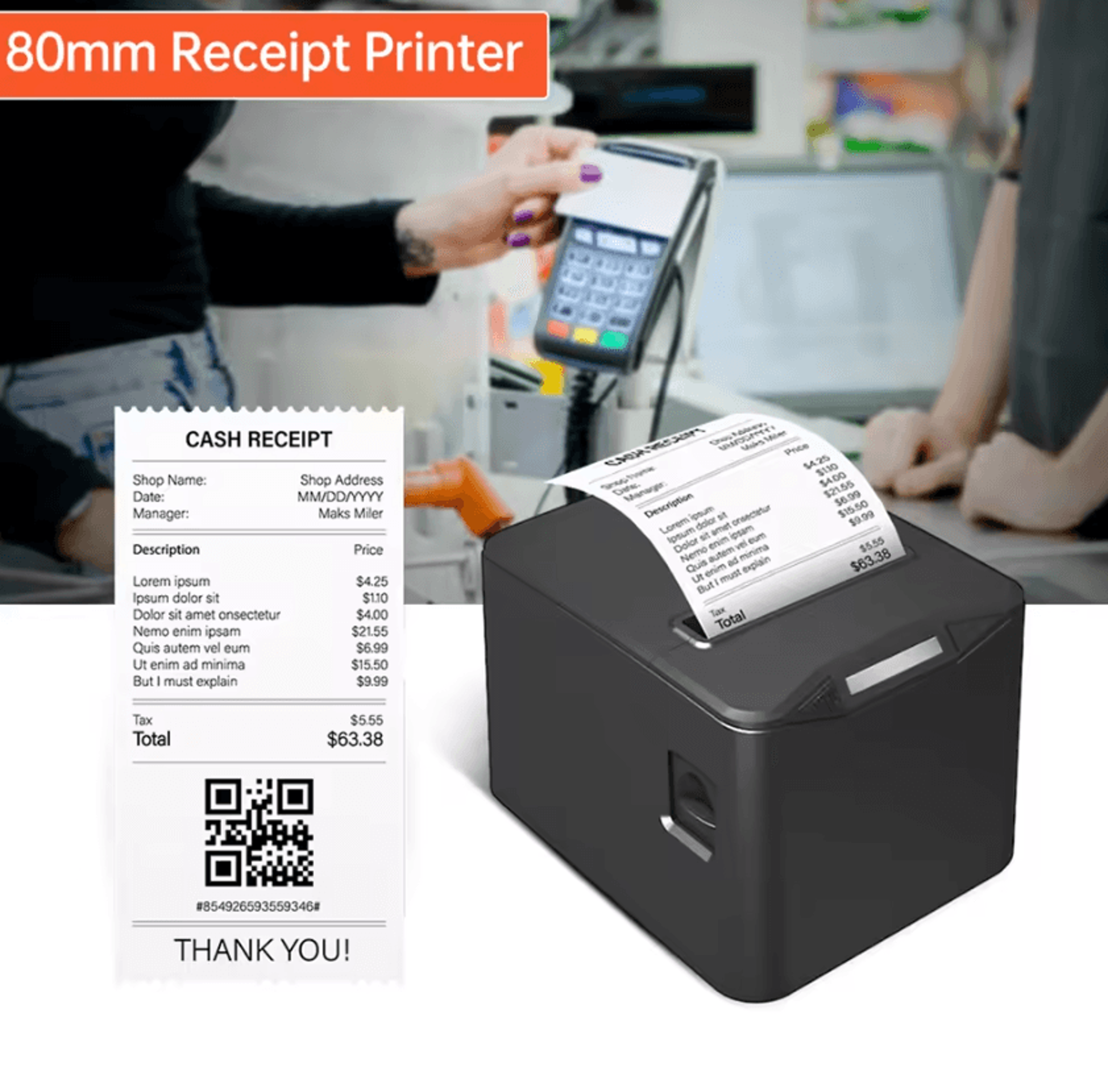 80mm high-speed thermal receipt printer usb lan desktop pos printer with auto cutter