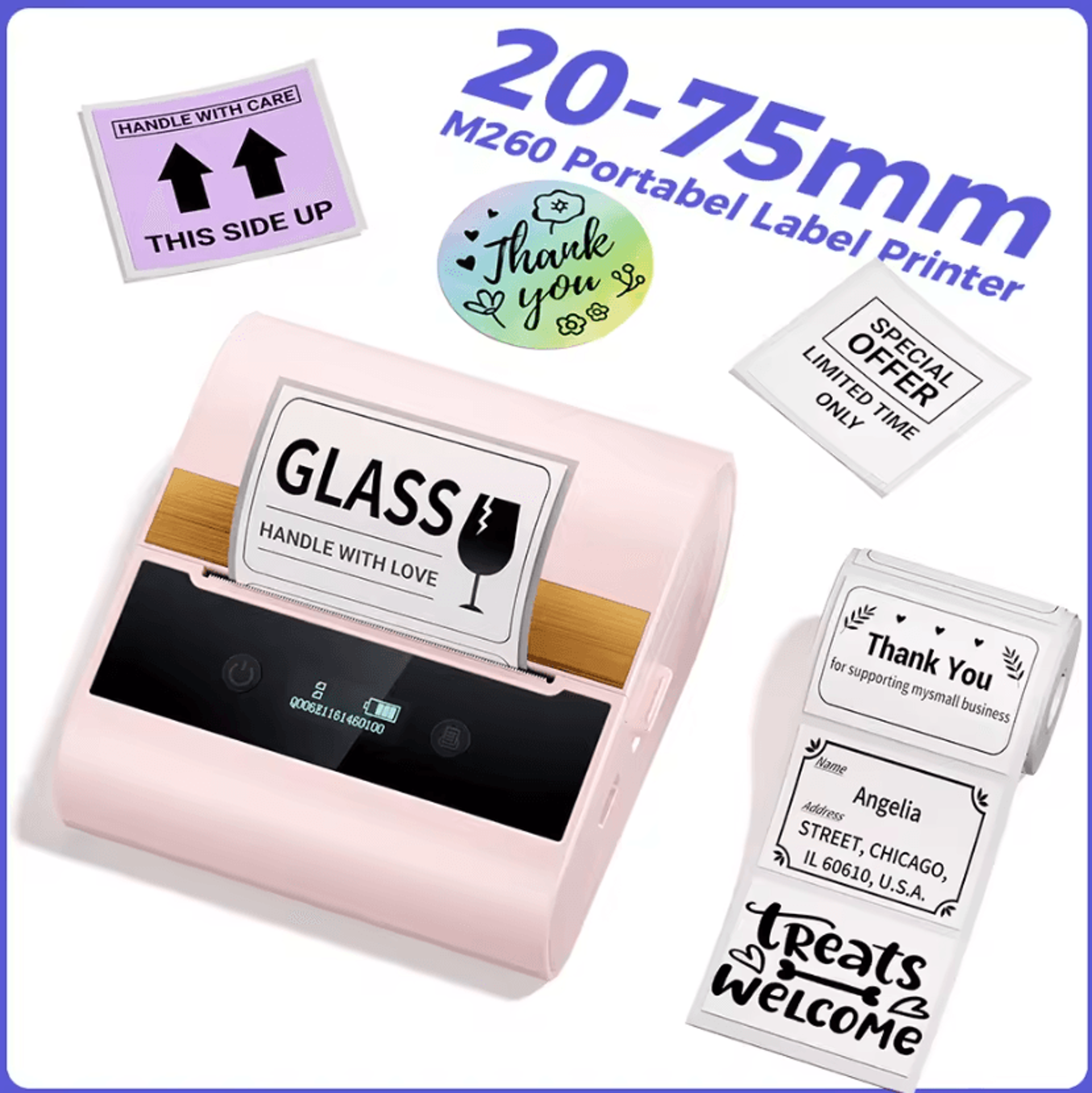phomemo m260 bluetooth thermal label printer 20-80mm portable inkless sticker maker for business and home