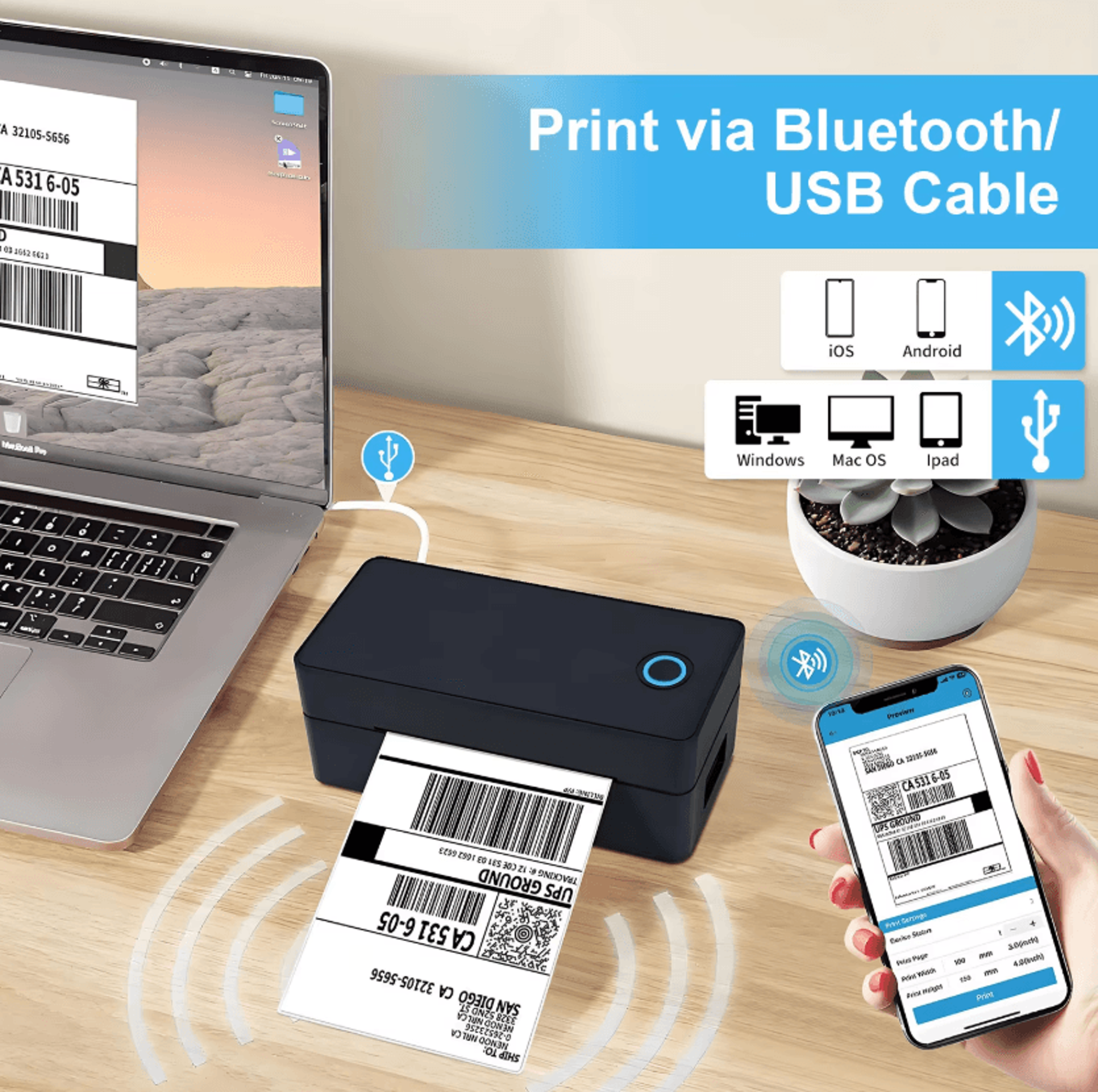 4x6 wireless thermal shipping label printer compact inkless package label maker for small business