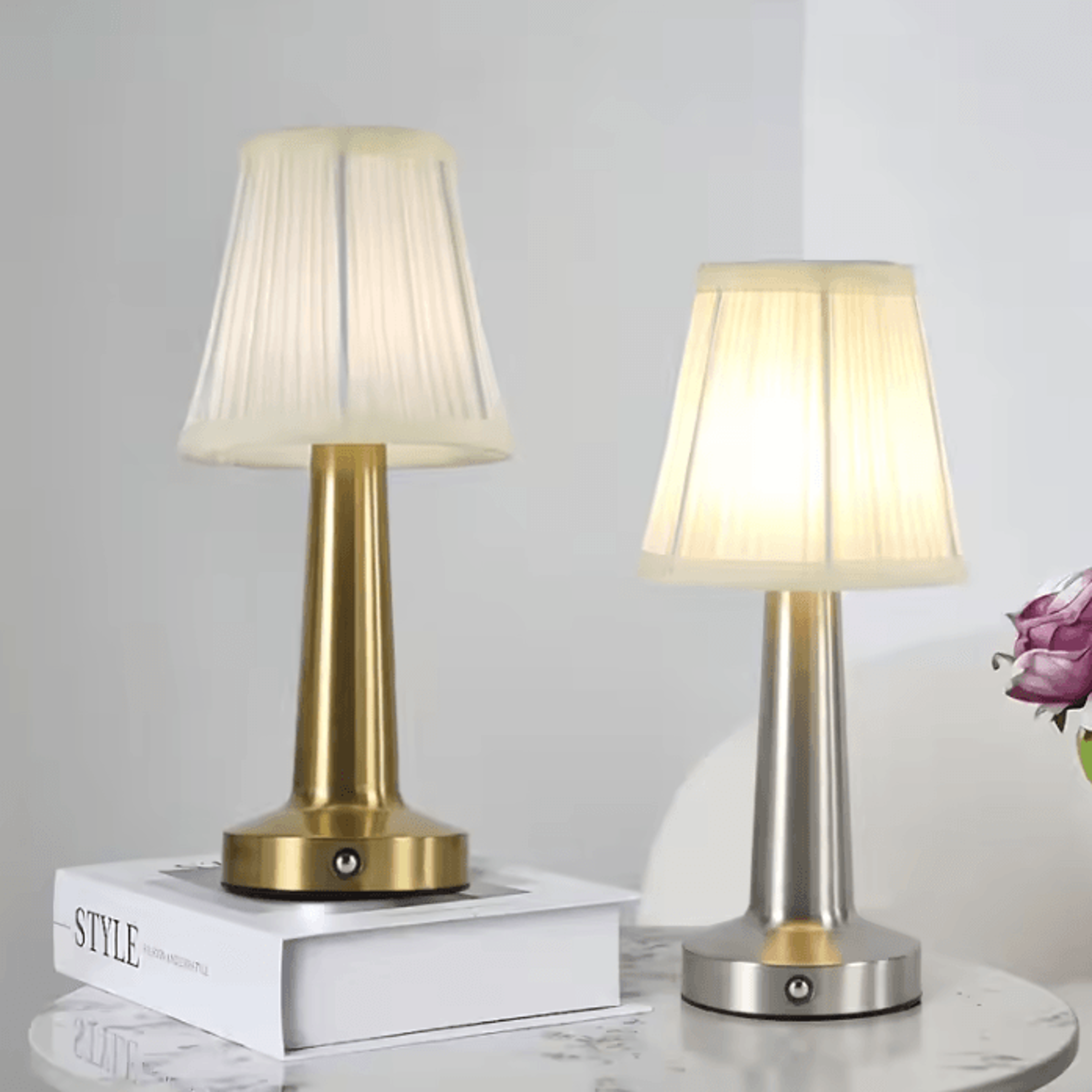 modern rechargeable led table lamp with pleated fabric shade cordless touch control light for restaurant hotel and home