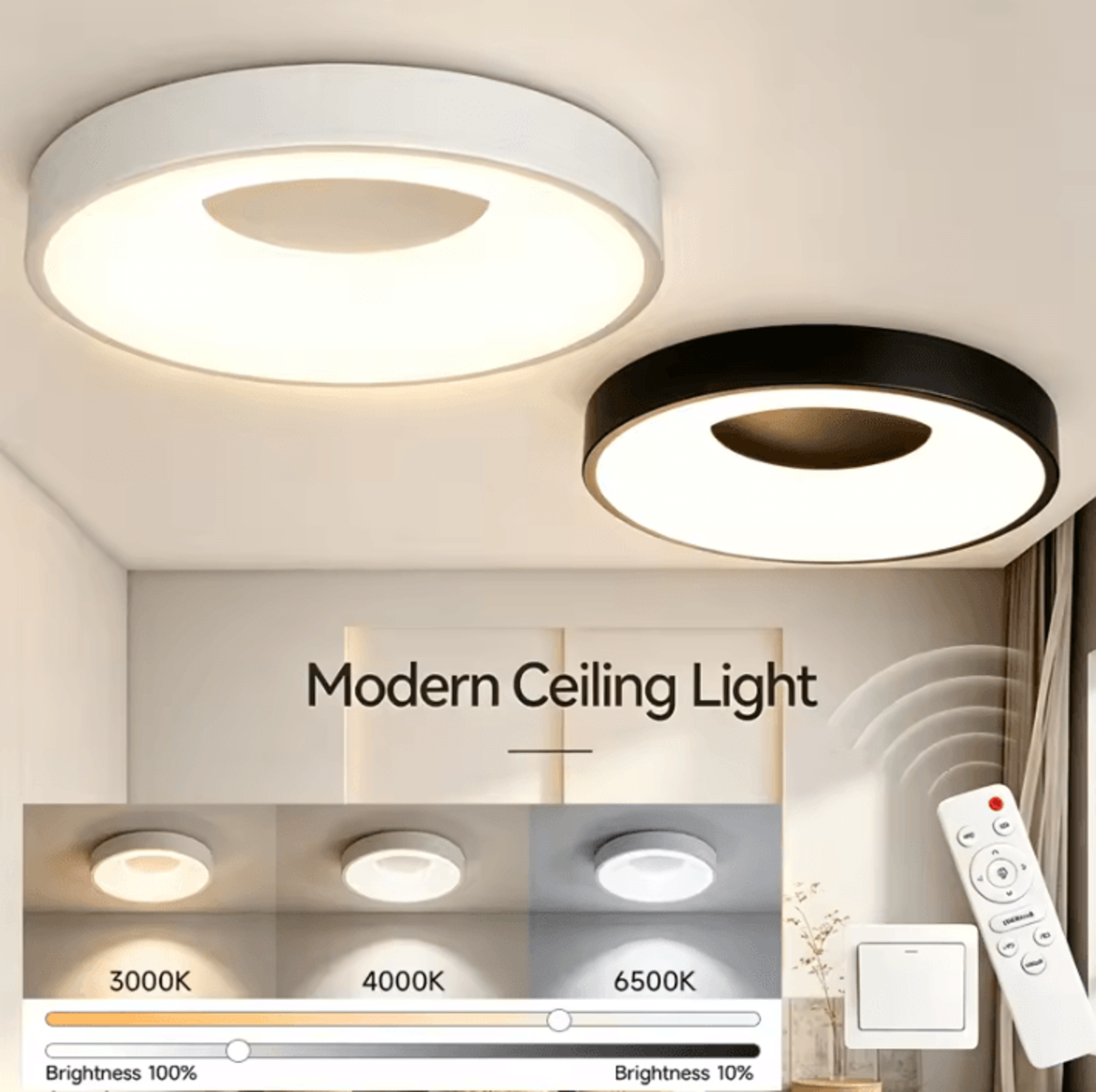 modern 3-color led ceiling light with remote control dimmable lamp for living room and bedroom