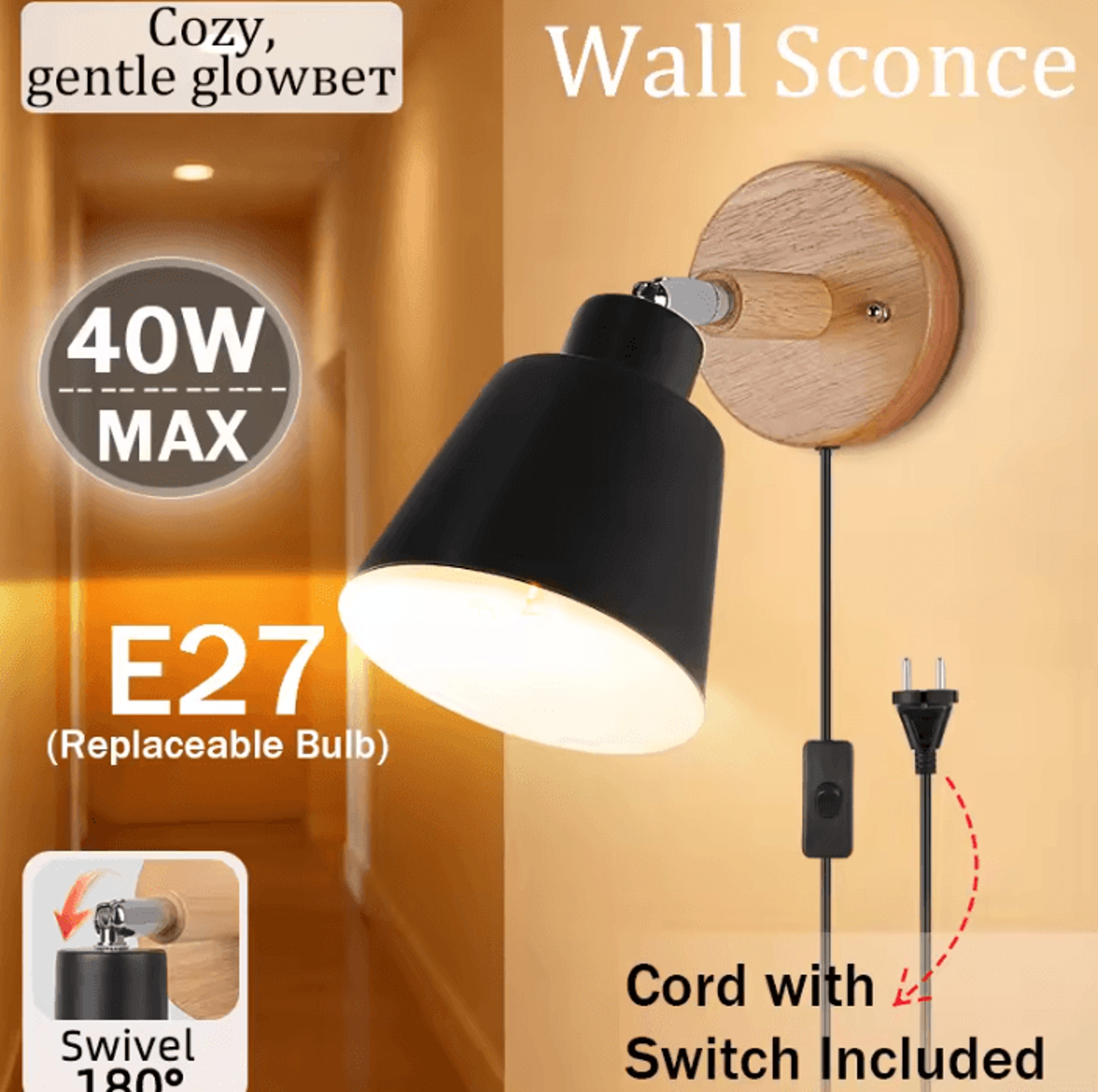 modern e27 led bedside wall light 3-color replaceable bulb sconce 85-265v for bedroom and living room decor