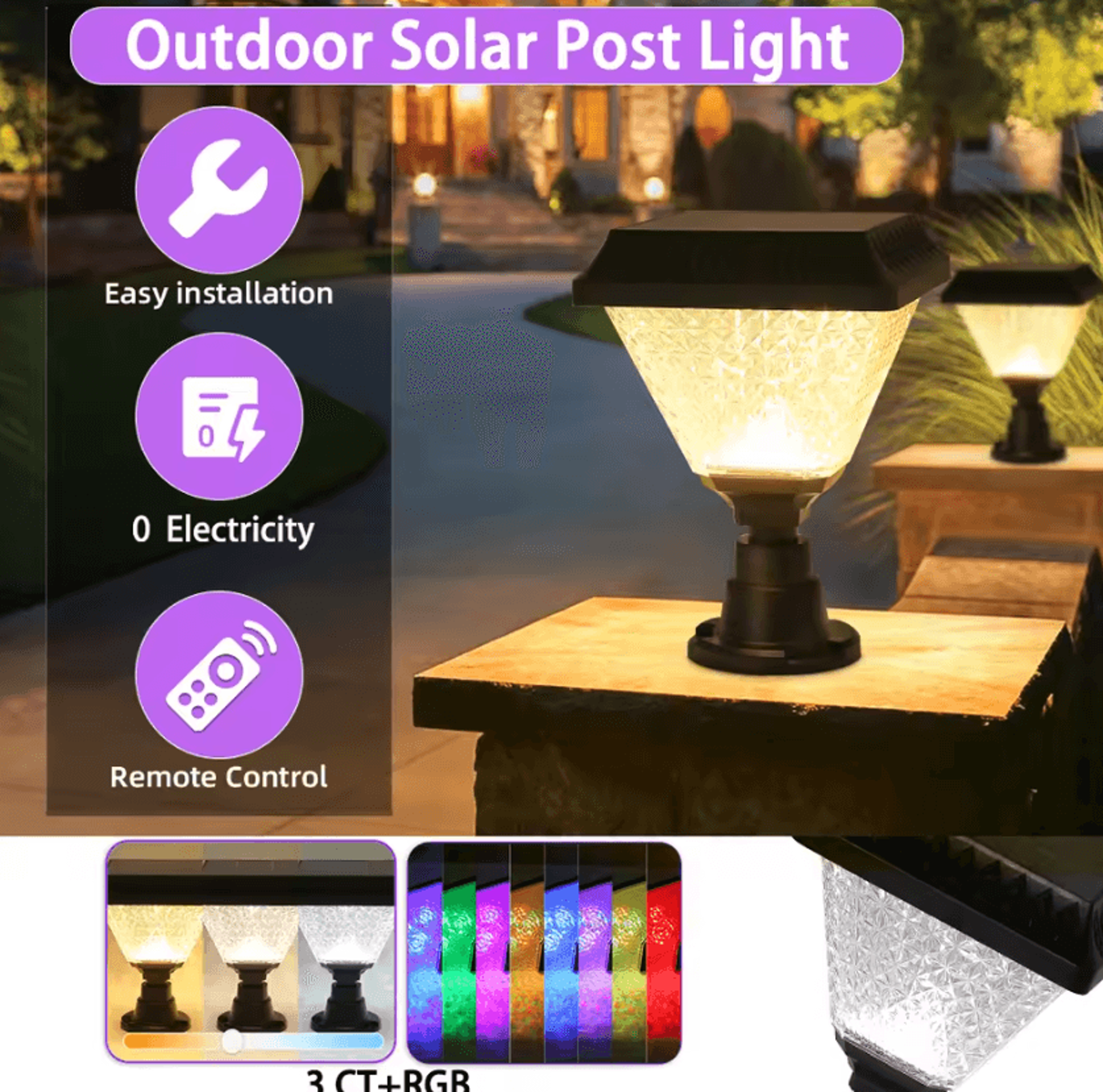 ip65 solar led post light 3-color rgb remote control pillar lamp for garden yard and patio decoration