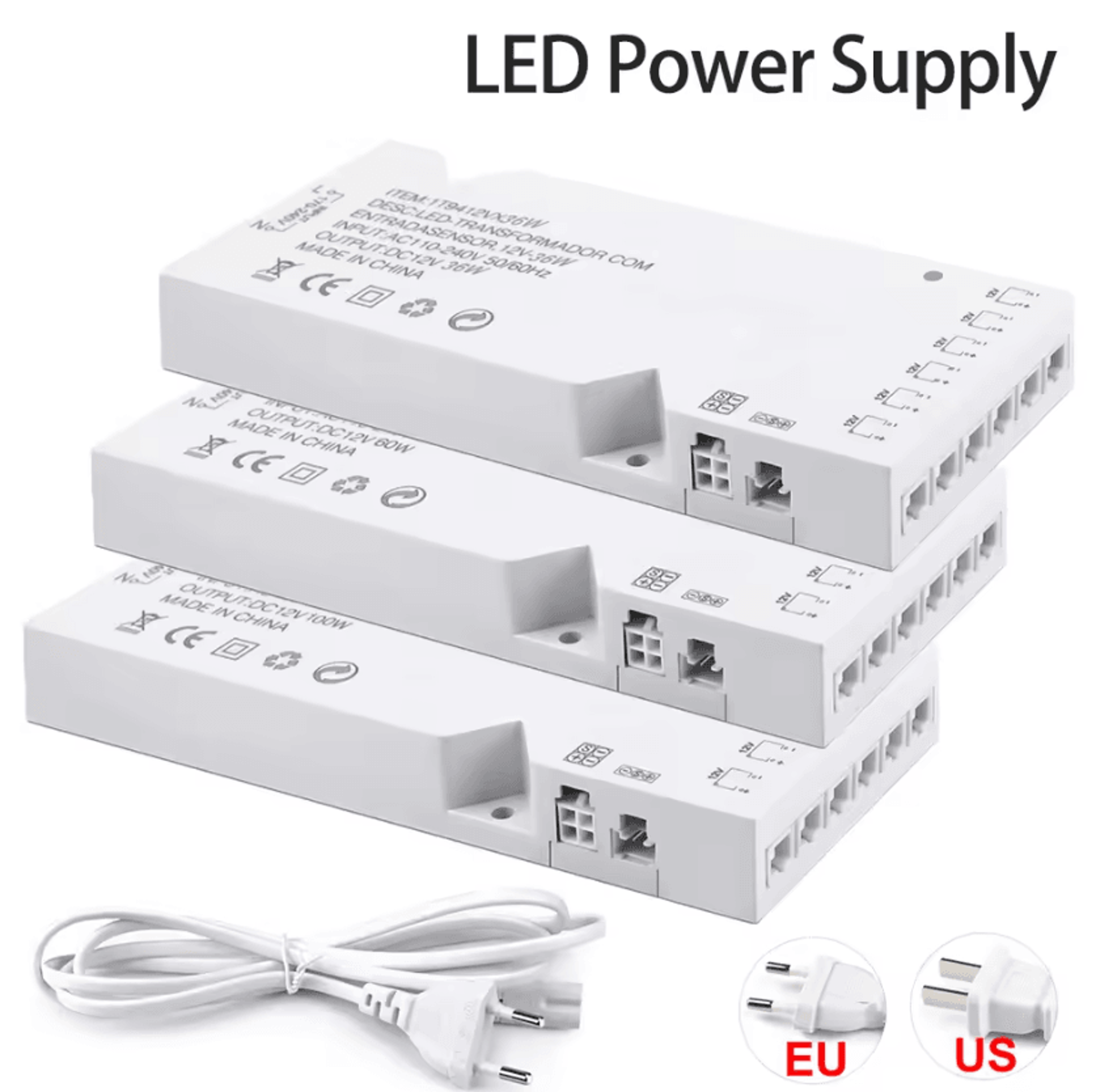 12v led cabinet light power supply 18w 24w 36w 60w 100w ac110-250v transformer driver with dupont connector