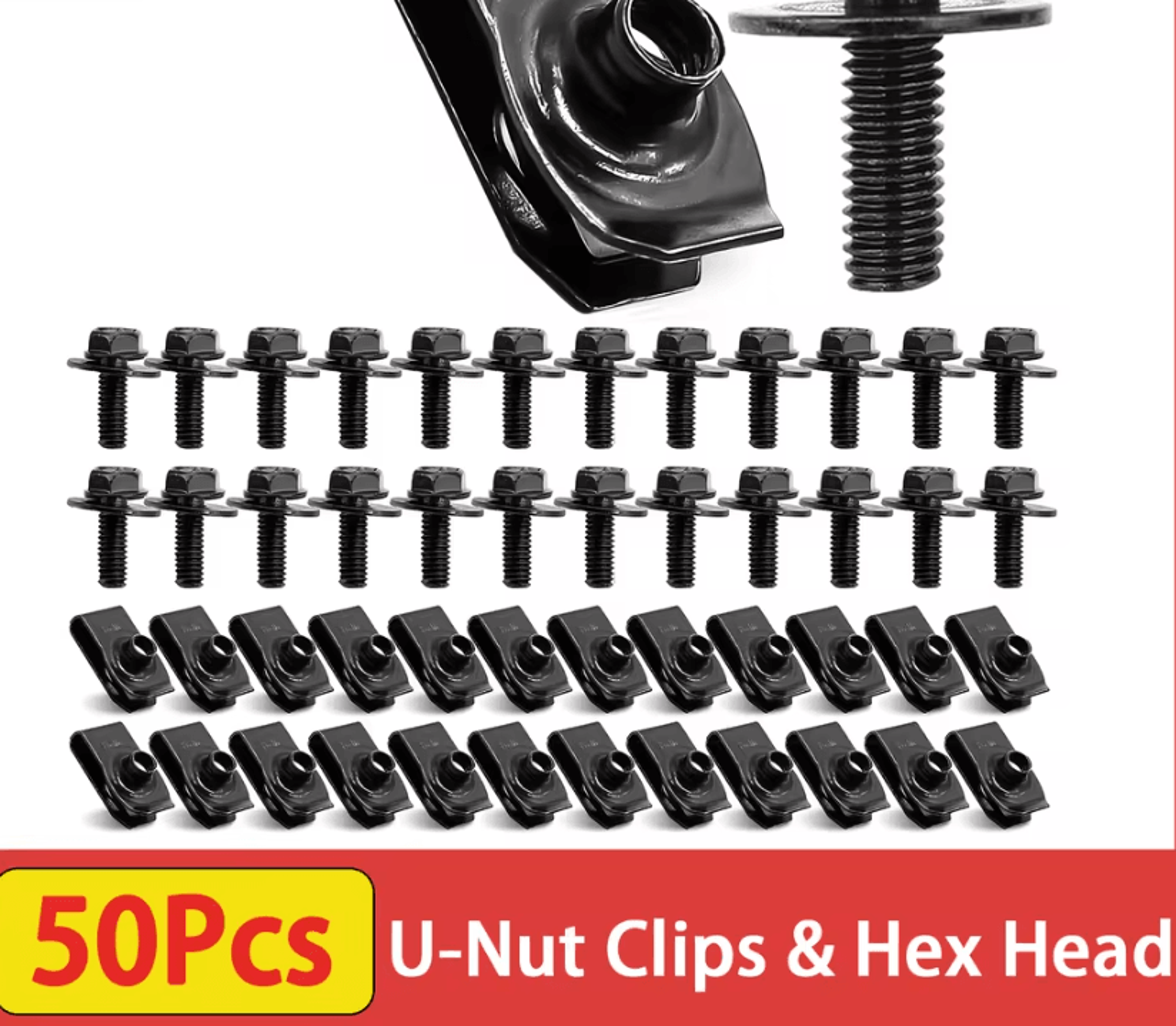 50pcs automotive u-nut clips and hex head fender bolts kit 1/4 inch fasteners for bumper and engine undertray repairs