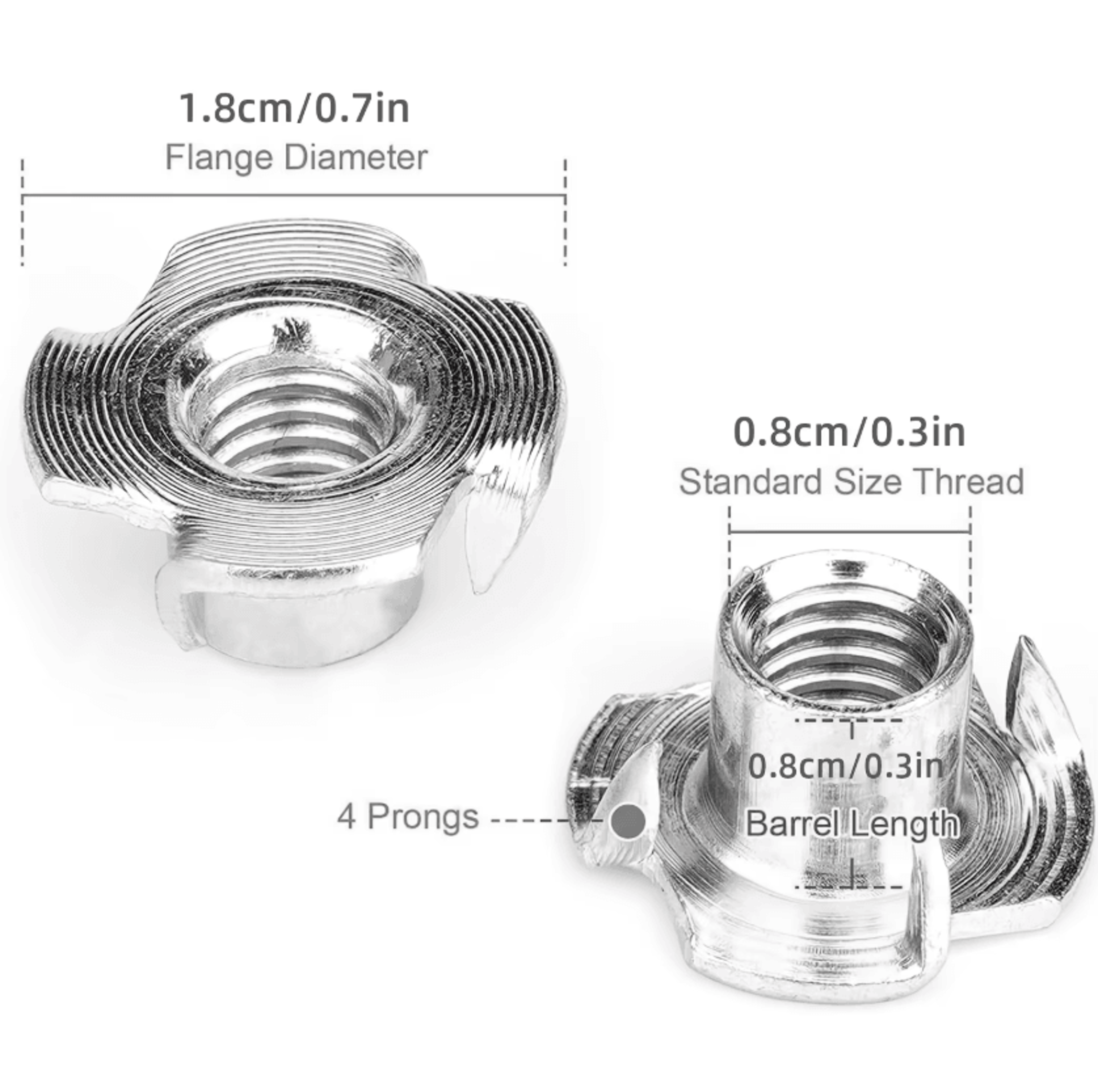 25pcs 1/4-20 stainless steel t-nuts 4-prong threaded inserts for woodworking furniture and climbing holds