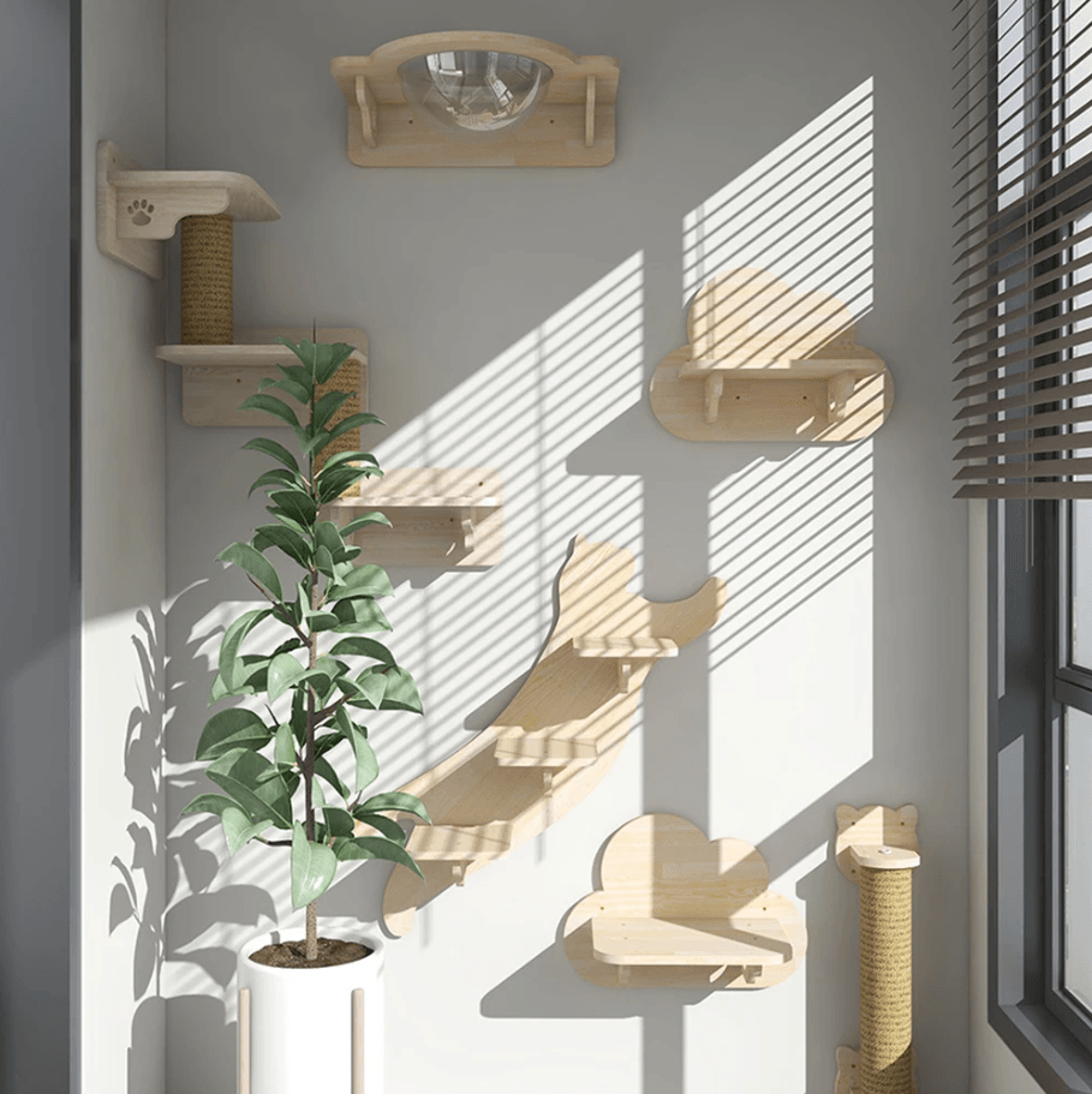 wall mounted cat tree shelves with scratching post hammock and rope ladder for indoor cats