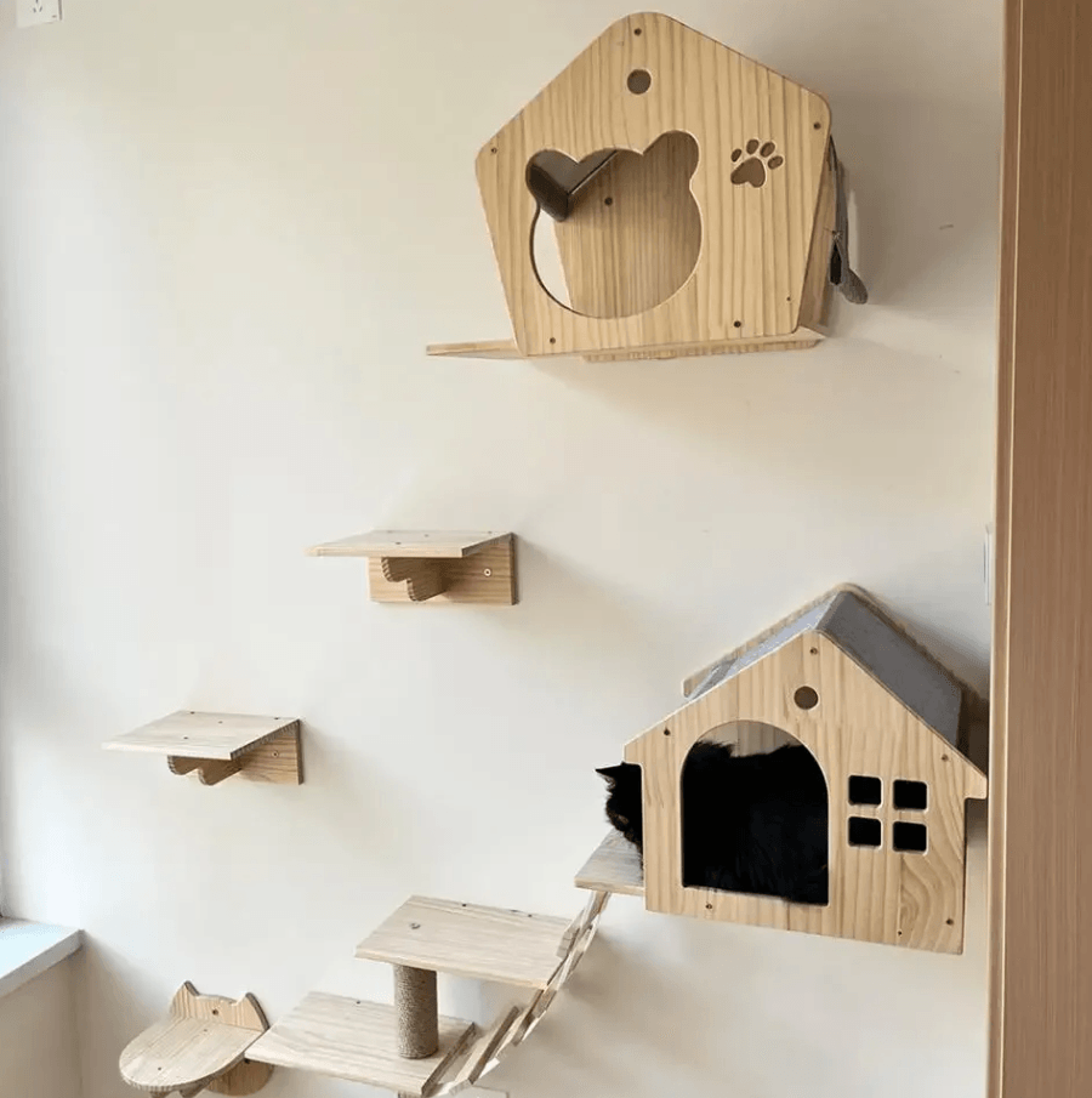 wall mounted wooden cat climbing shelves with sisal scratching post hammock and pedals