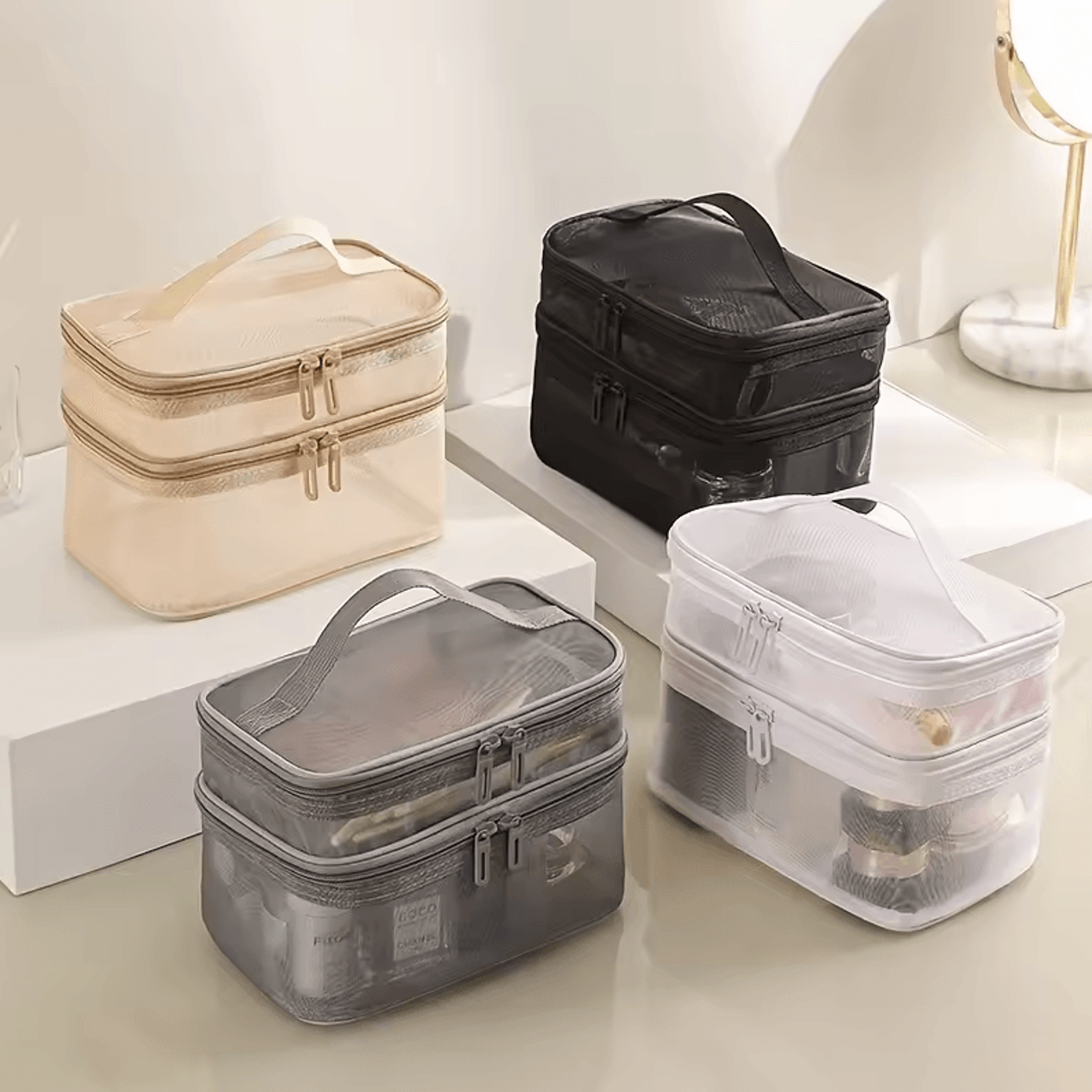 double layer makeup bag large capacity cosmetic organizer with mesh pockets