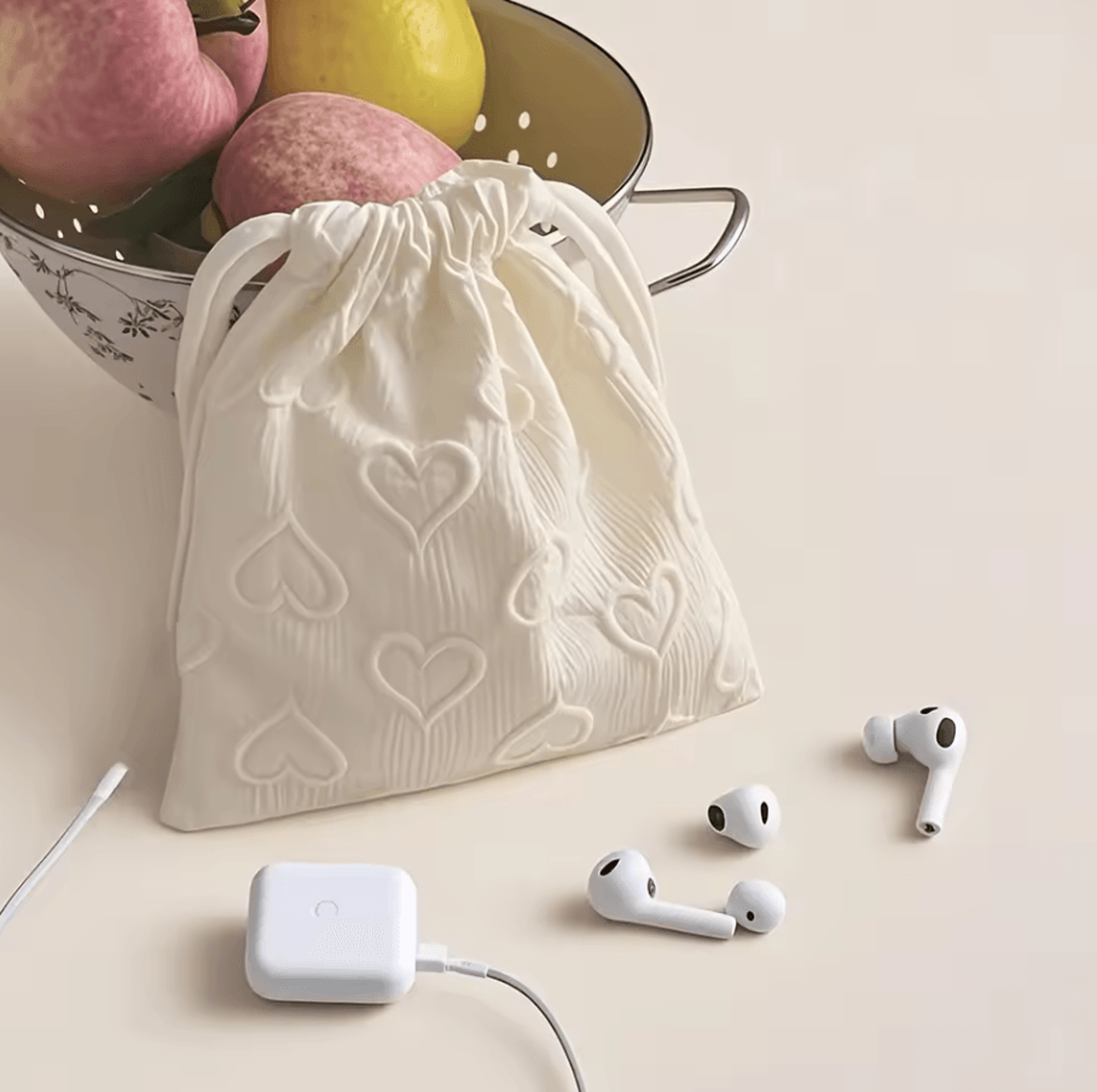 heart print drawstring storage bag portable travel organizer for cables and accessories